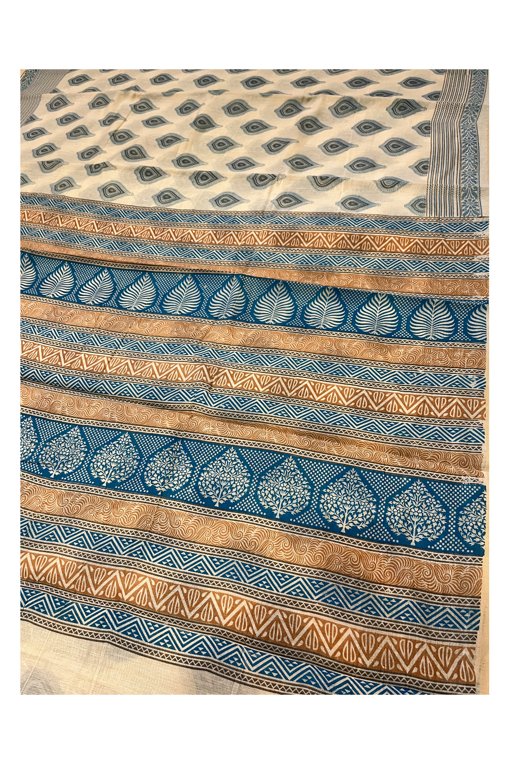 Southloom Cotton Light Brown Saree with Blue Paisley Prints