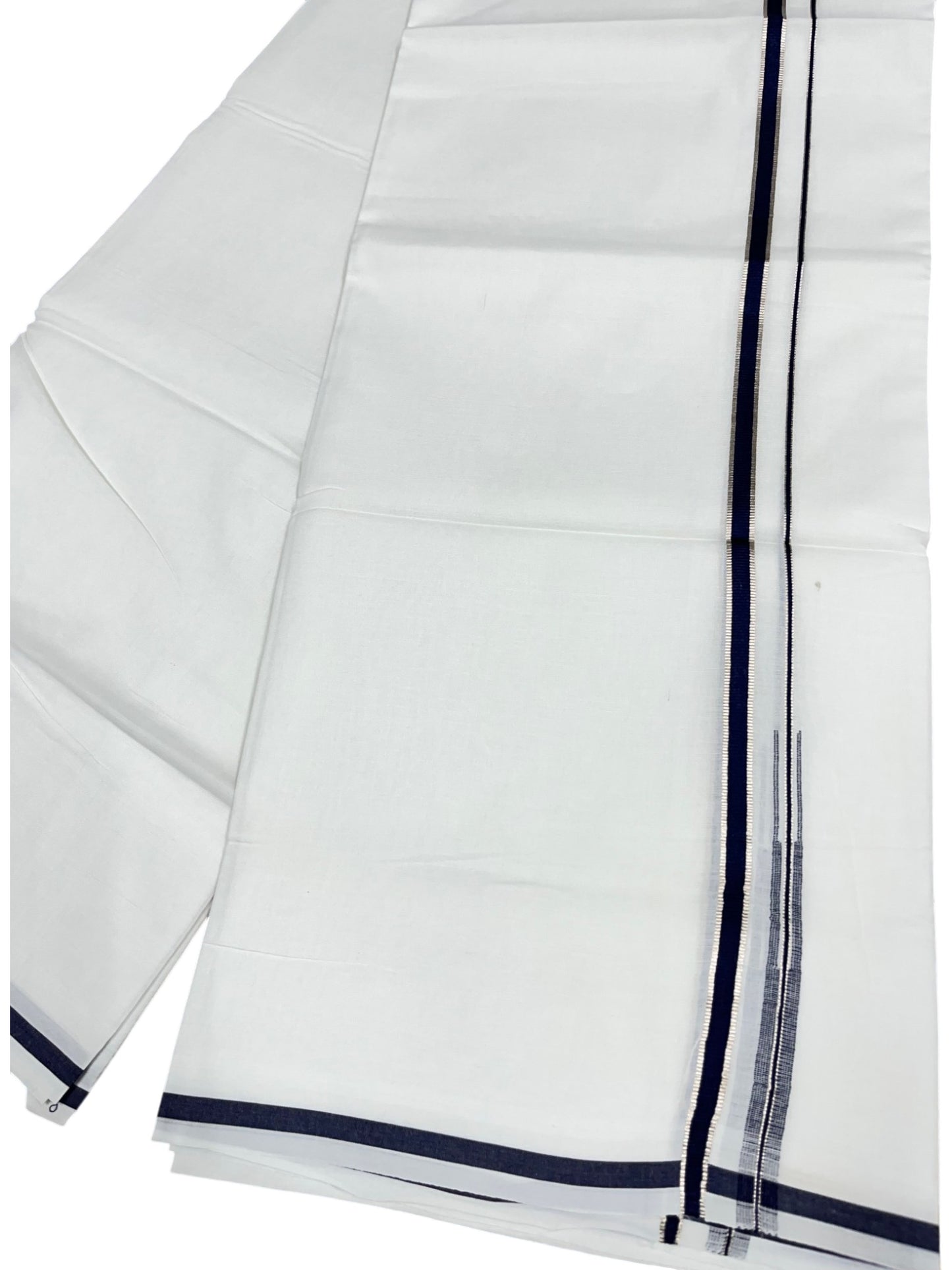 Southloom Pure White Cotton Double Mundu with Silver and Blue Border (South Indian Dhoti)