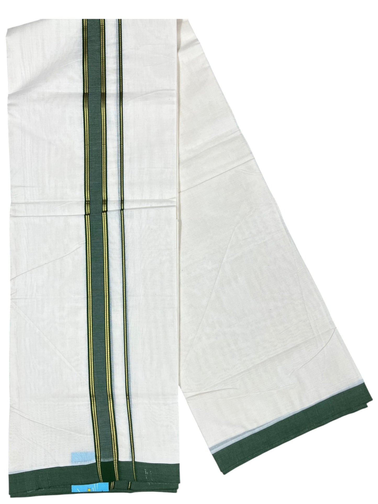 Southloom Pure Cotton Mundu with Gold Lines and Green Border (South Indian Kerala Dhoti)