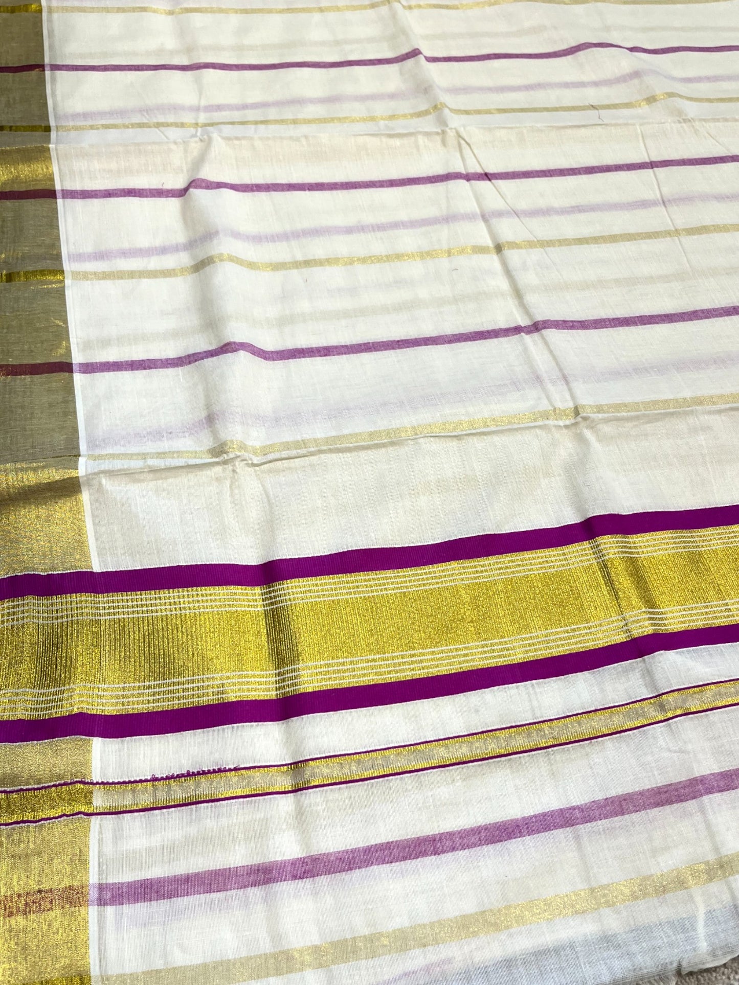 Southloom Kerala Cotton Kasavu Saree with Gold And Purple Lines on Body