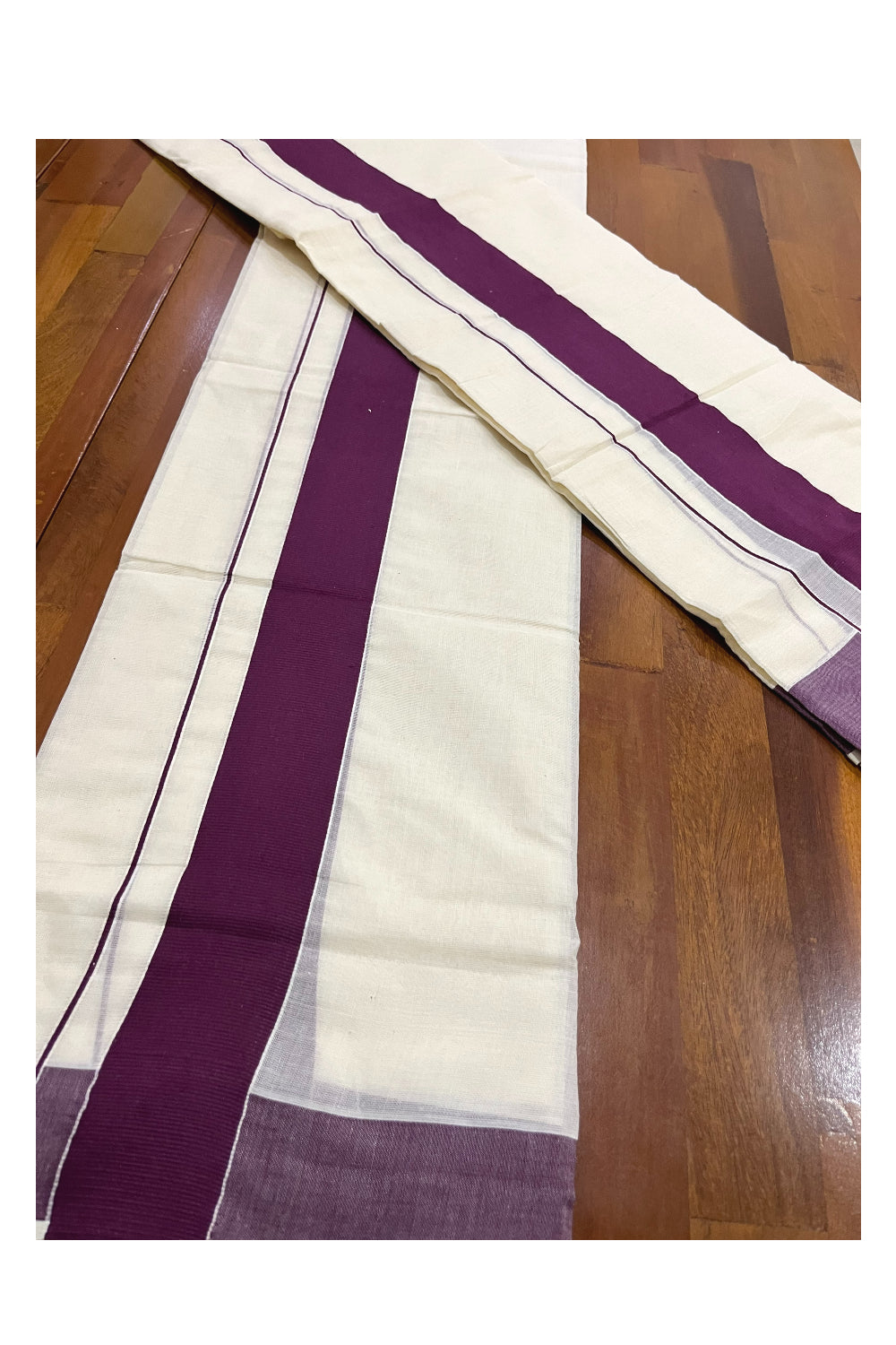 Kerala Cotton Mundum Neriyathum Single (Set Mundu) with Plain 2 inch Purple Kara 2.80 Mtrs