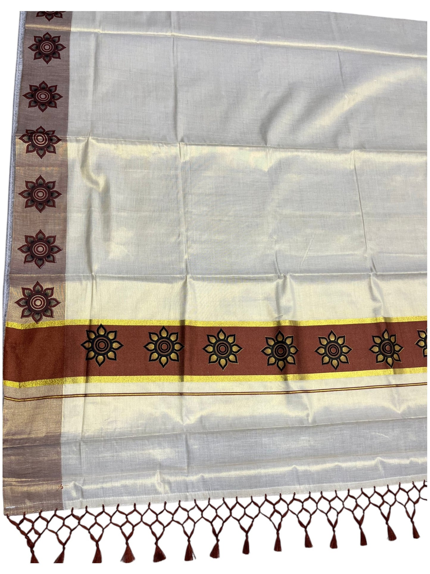 Southloom Kerala Tissue Kasavu Saree with Floral Block Prints in Brown Border