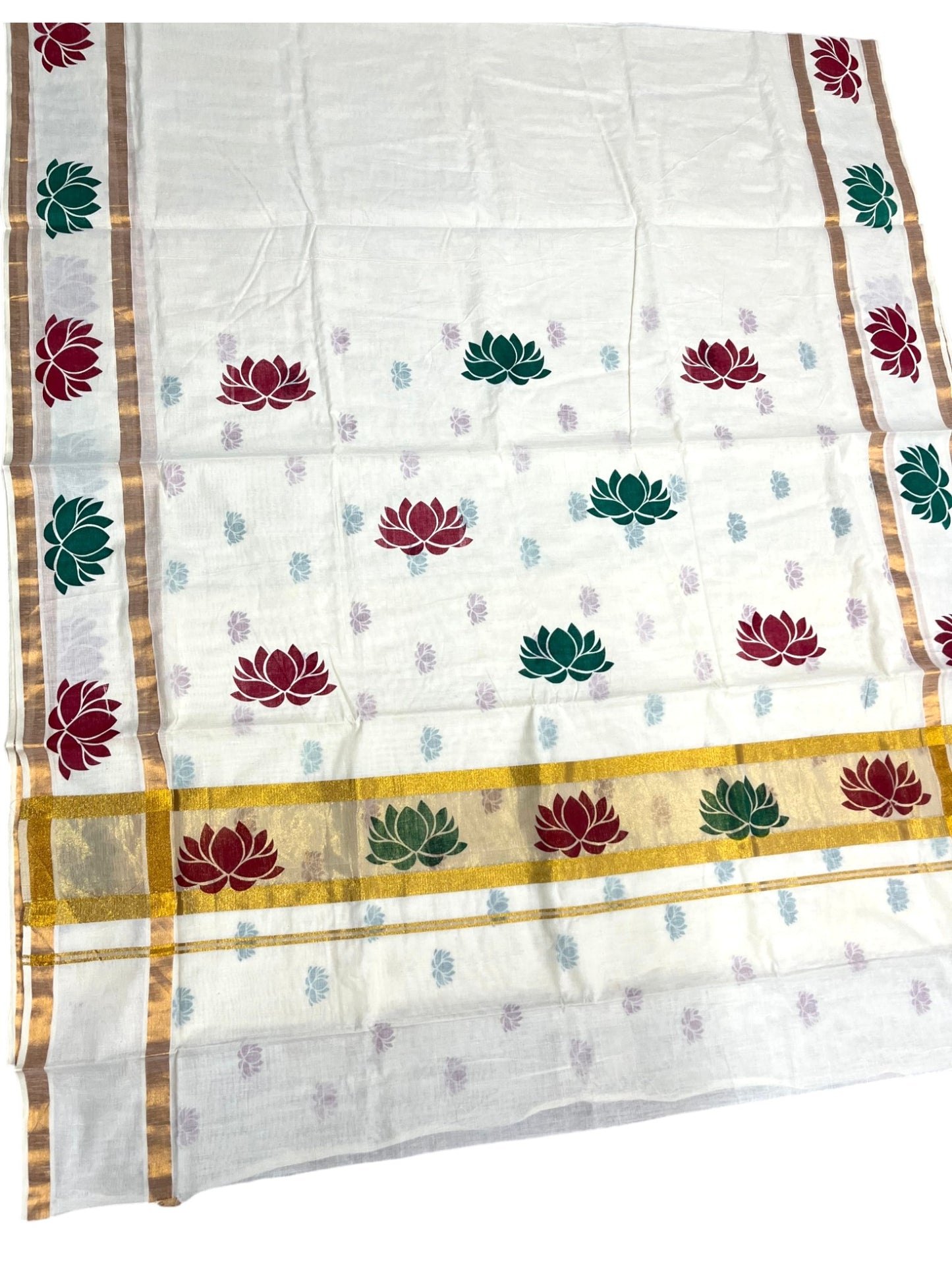 Southloom Cotton Kerala Kasavu Saree with Lotus Block Prints on Body and Border in Maroon and Green