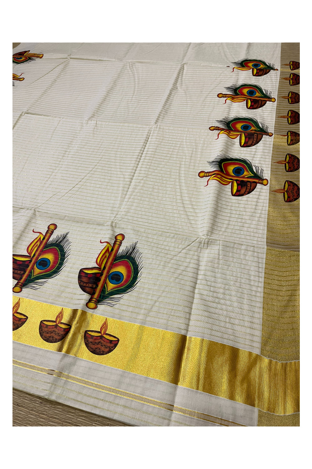 Pure Cotton Kerala Kasavu Lines Design and Feather Diya Mural Work Saree and Printed Border (Onam Saree 2023)