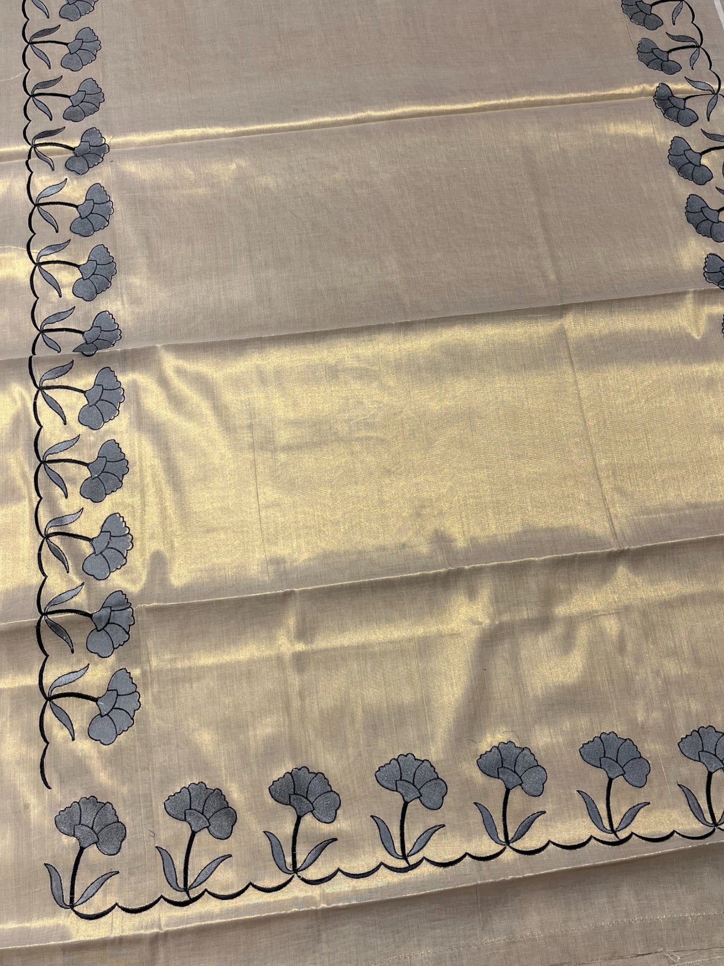 Southloom Cotton Kerala Saree with Grey Floral Embroidery Design on Border
