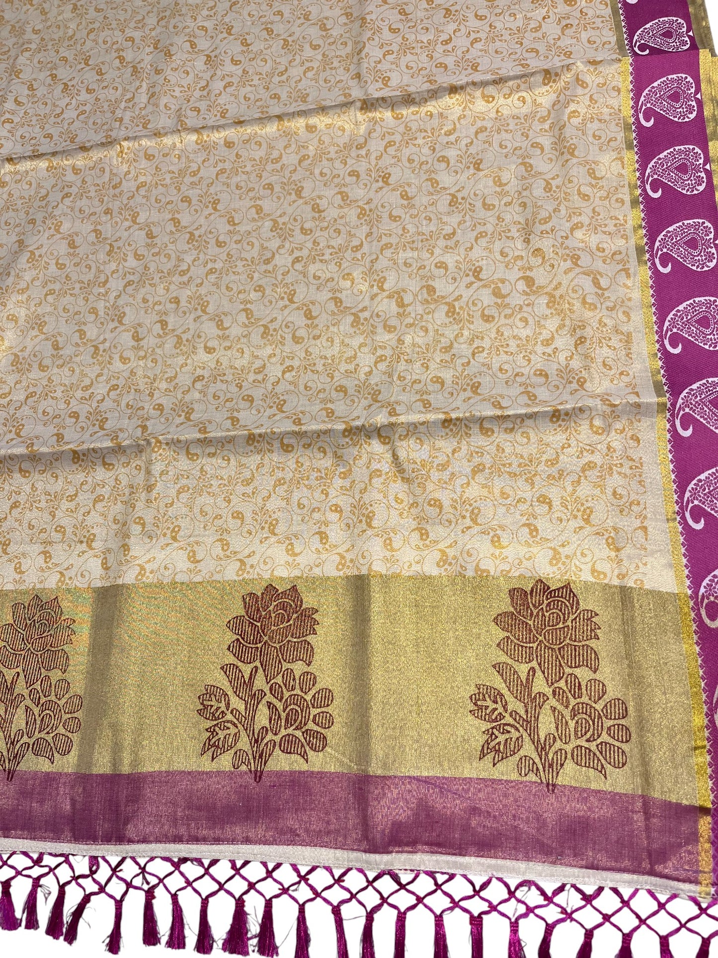Southloom Kerala Tissue Kasavu Printed Saree with Magenta Floral Embroidery Works and Tassels