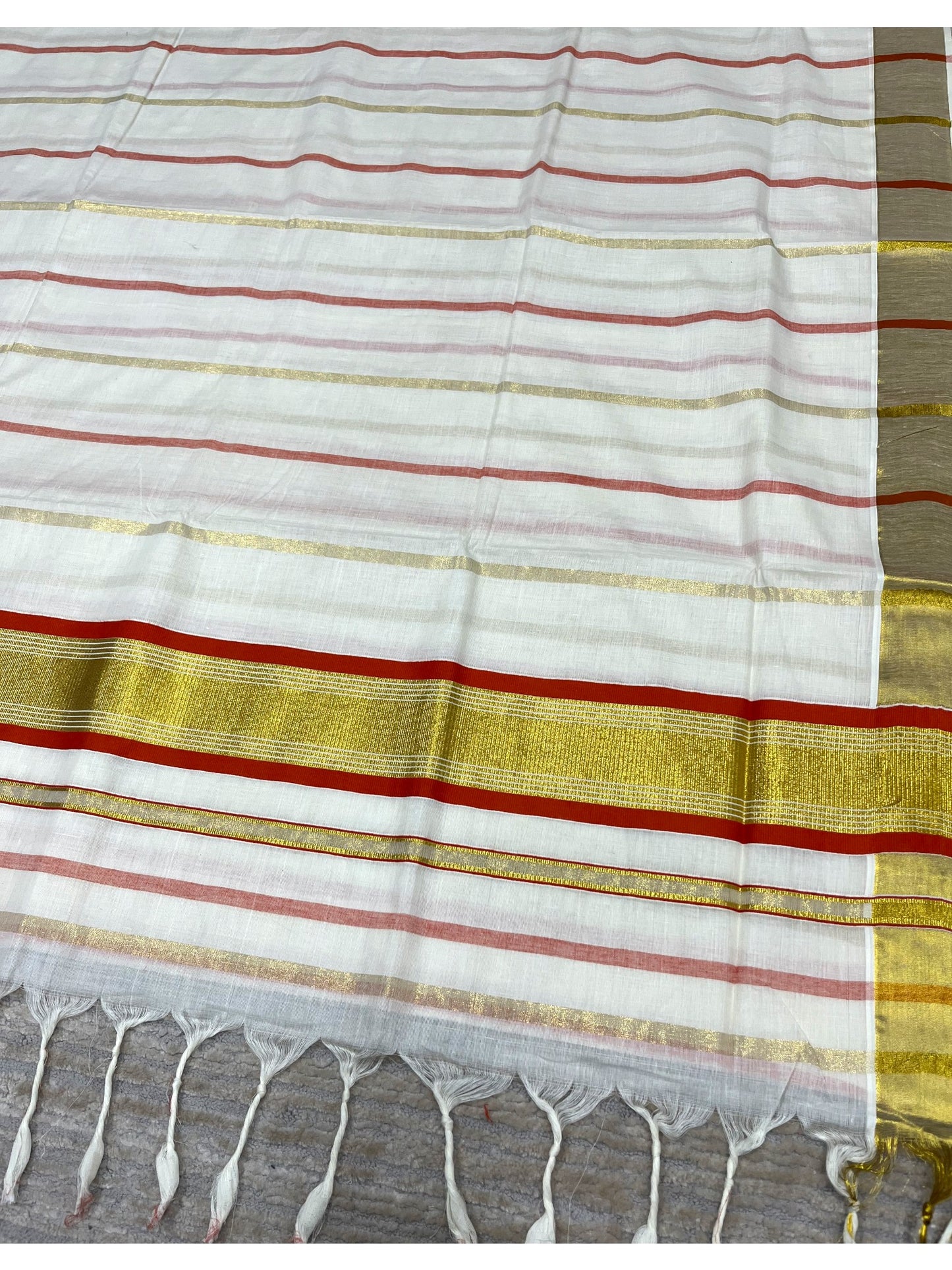 Southloom Kerala Cotton Kasavu Saree with Gold And Orange Lines on Body SL331
