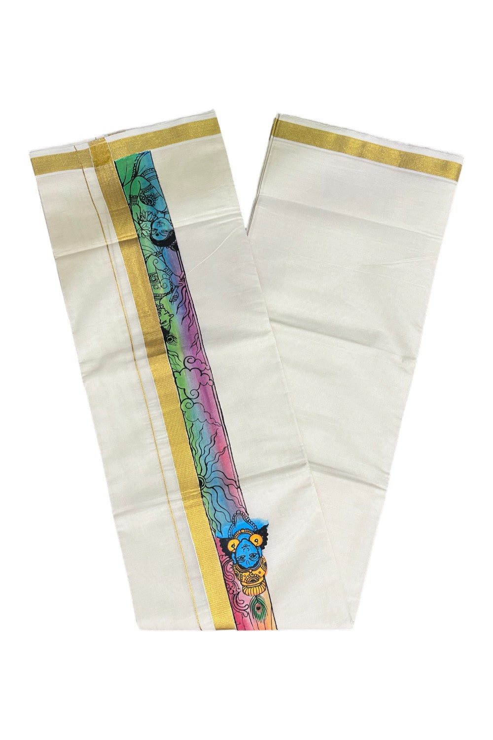 Kerala Pure Cotton Double Mundu with Krishna Mural Hand Painted Design on Kasavu Border (South Indian Kerala Dhoti)