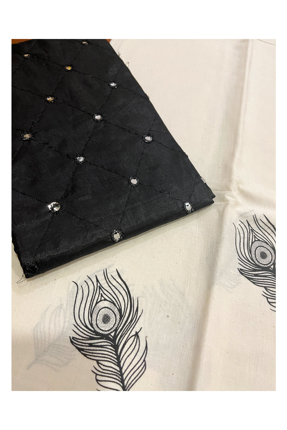 Kerala Cotton Block Printed Pavada and Black Designer Blouse Material for Kids/Girls 4.3 Meters