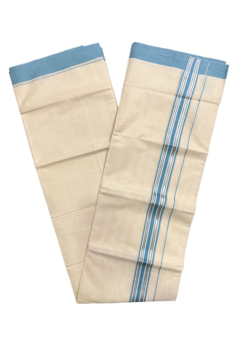 Kerala Pure Cotton Double Mundu with Silver Kasavu and Light Blue Border (South Indian Kerala Dhoti)