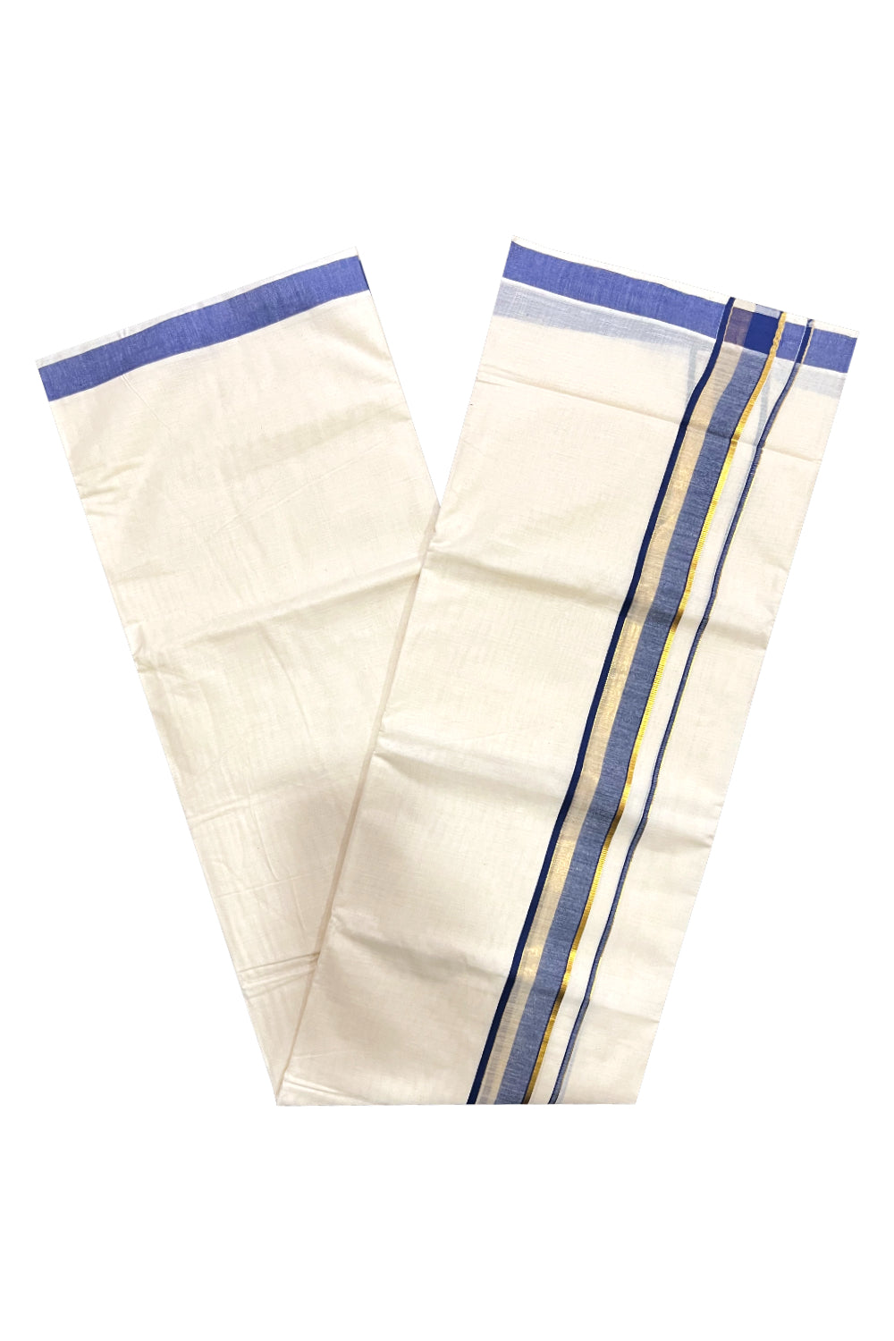 Kerala Pure Cotton Double Mundu with Blue and Kasavu Border (South Indian Kerala Dhoti)