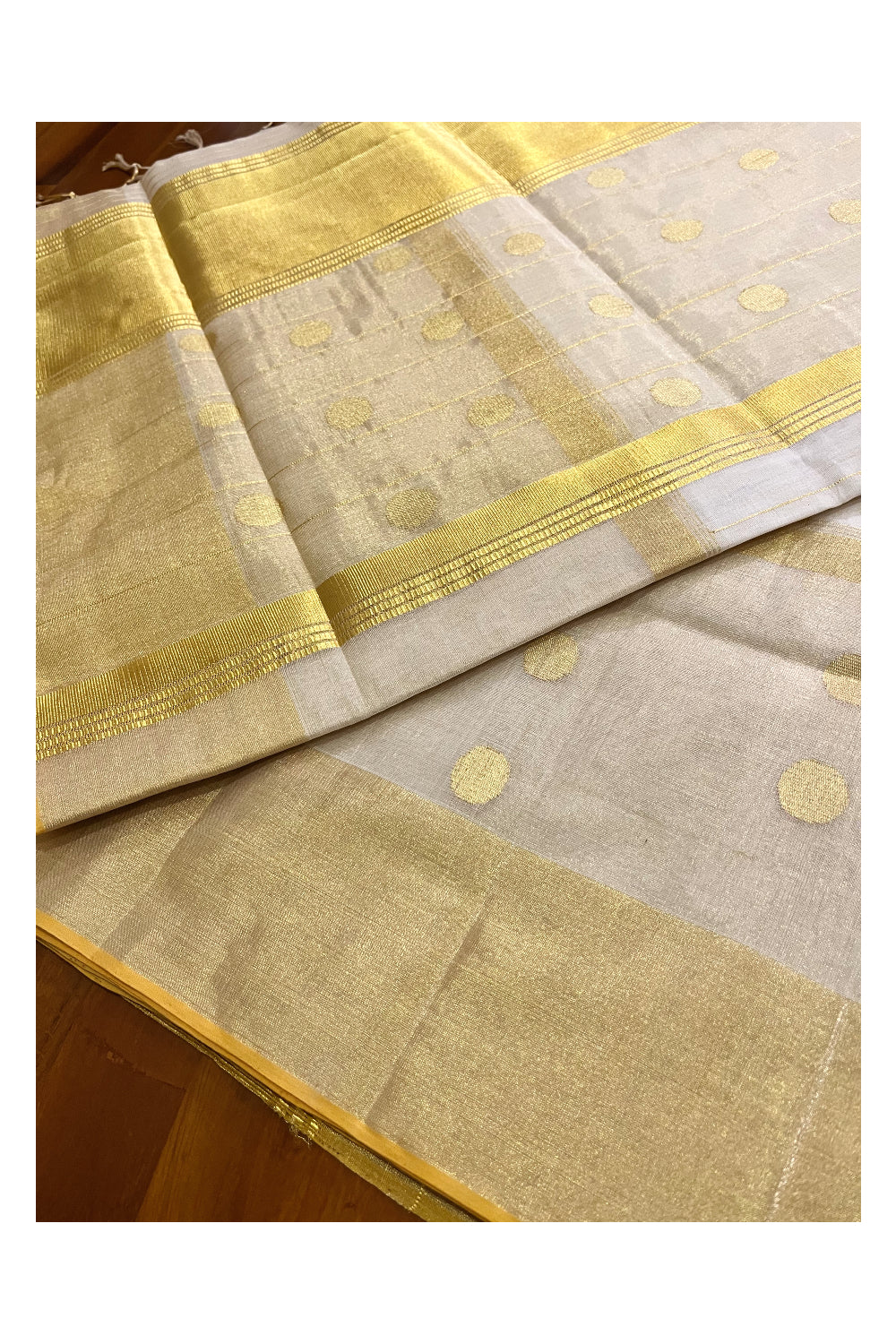 Southloom™ Premium Balaramapuram Handloom Cotton Saree with Kasavu Lines Across Body and Polka Designs on Border