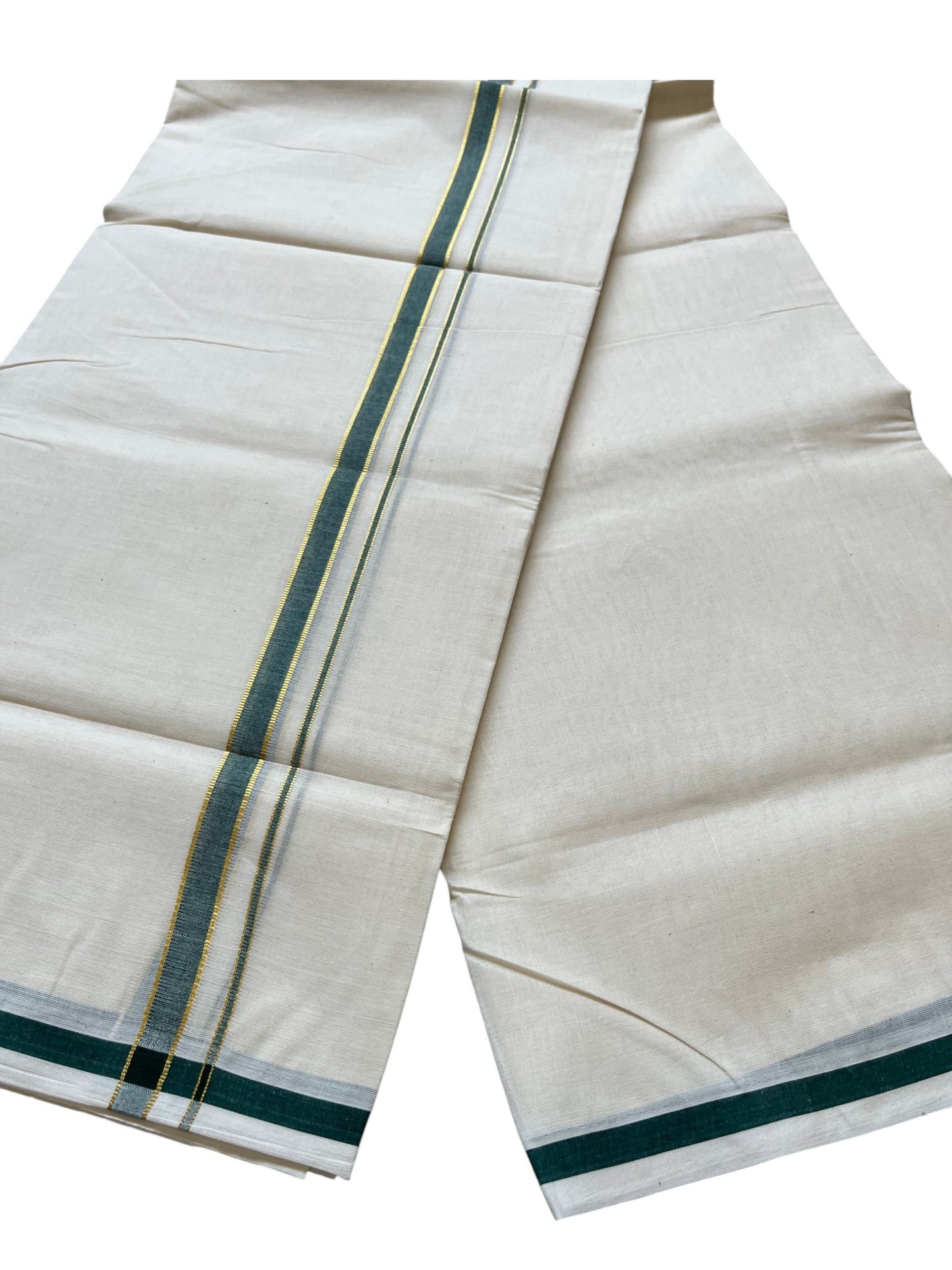 Southloom Pure Cotton Mundu with Golden Lines and Green Border (South Indian Kerala Dhoti)