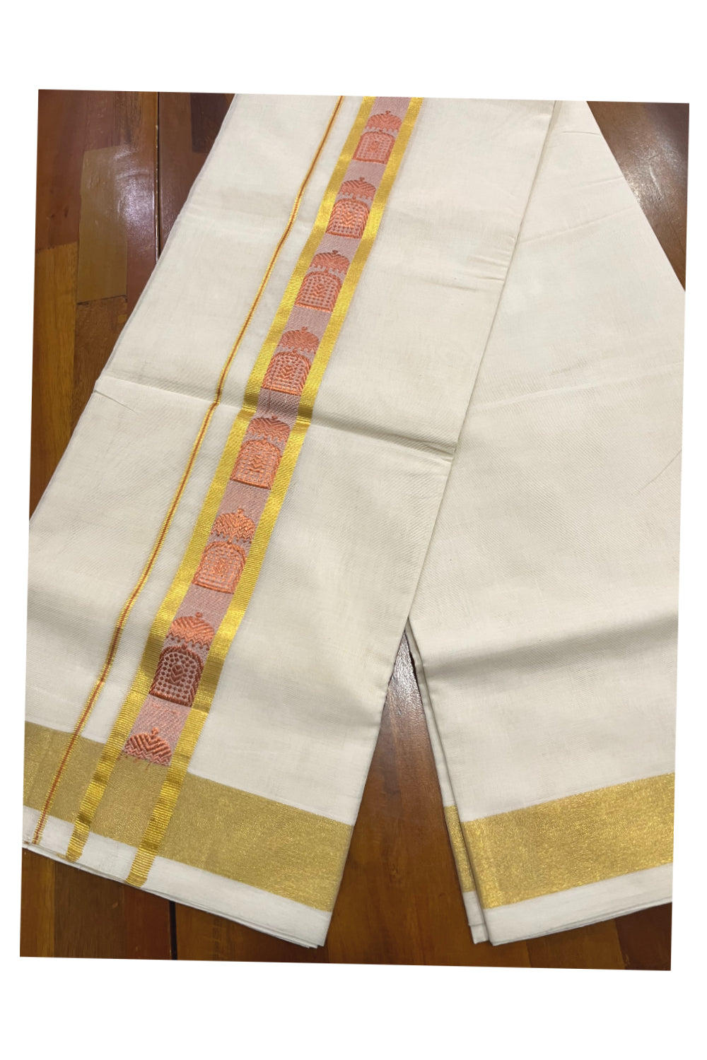 Southloom Premium Balaramapuram Wedding Handloom Mundu with Golden and Copper Kasavu Woven Design Border (South Indian Kerala Dhoti)