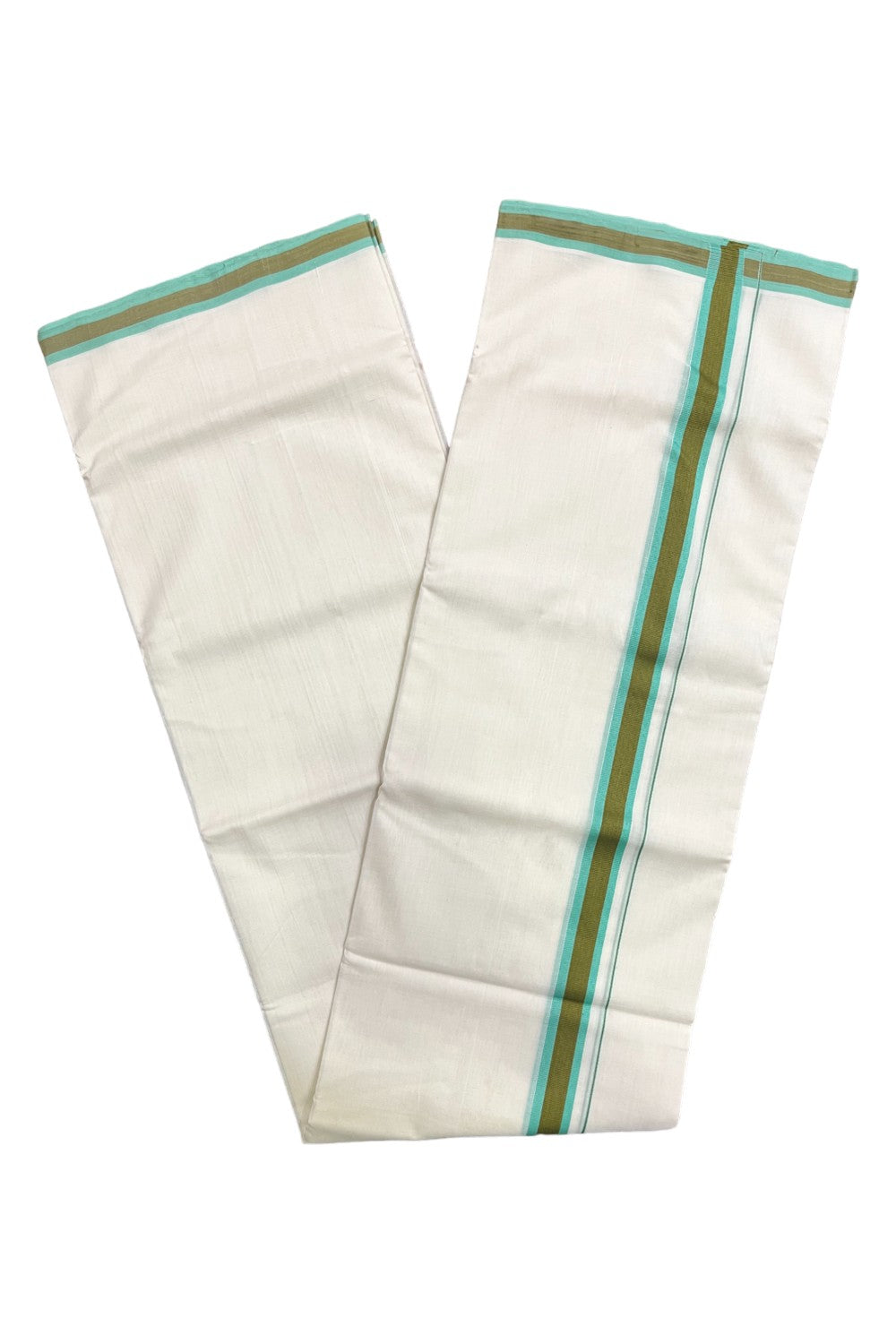 Premium Balaramapuram Handloom Unakkupaavu Cotton Double Mundu with Turquoise and Green Border (Vishu 2024 Collection)