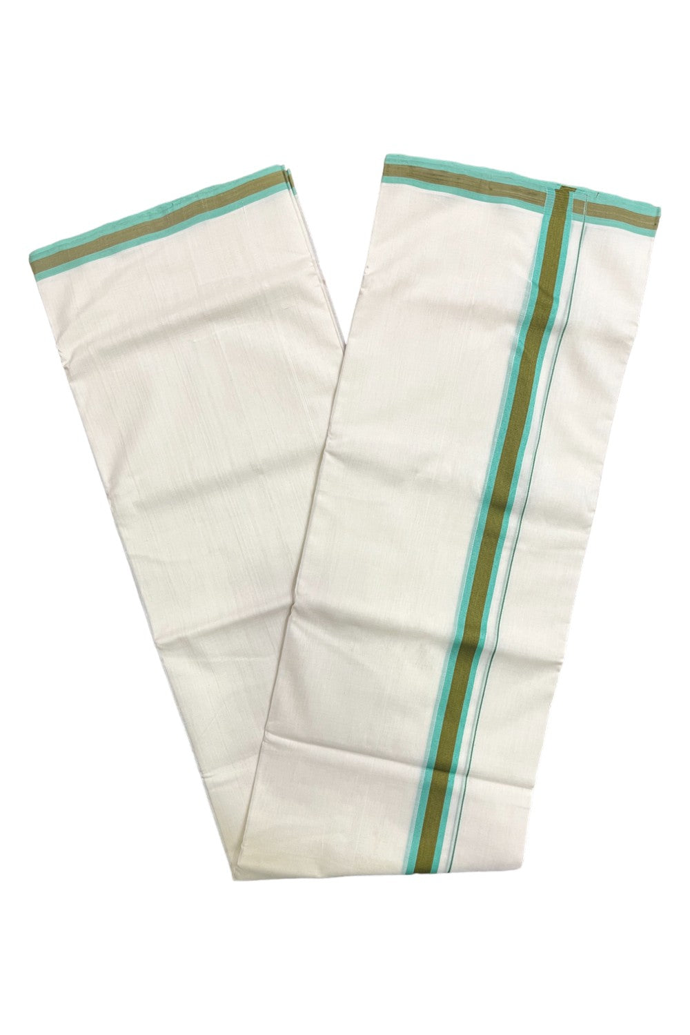 Premium Balaramapuram Handloom Unakkupaavu Cotton Double Mundu with Turquoise and Green Border (Onam 2024 Collection)