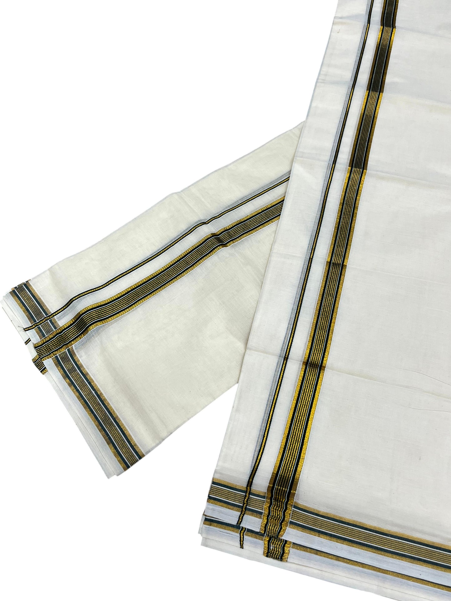 Southloom Pure Cotton Kerala Single Set Mundu (Mundum Neriyathum) with Green Kasavu Border in 2.80 Mtrs