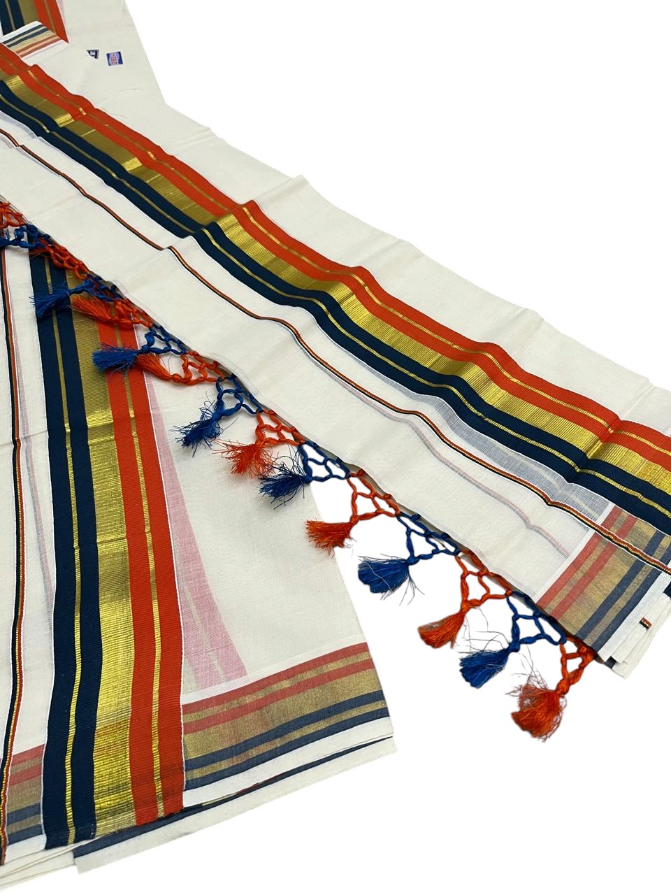 Southloom Kerala Cotton Kasavu Single Set Mundu (Mundum Neriyathum) with Orange with Blue Gold Kasavu Lines .SLKK SL518