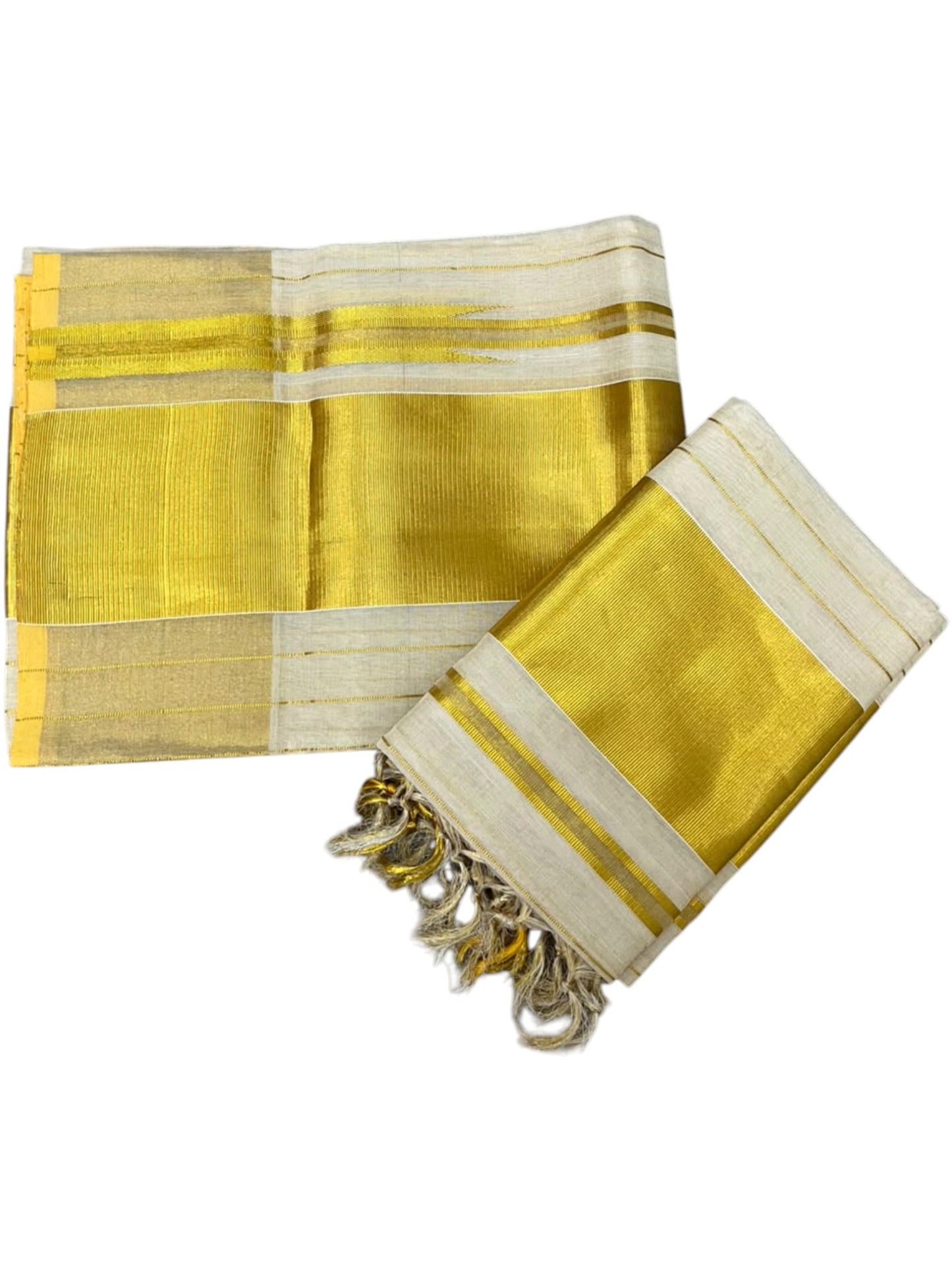 Southloom Premium Tissue Strips Handloom Set Mundu with Chuttikara Kasavu And 4 Inch Golden Border (2.80 Mtr)