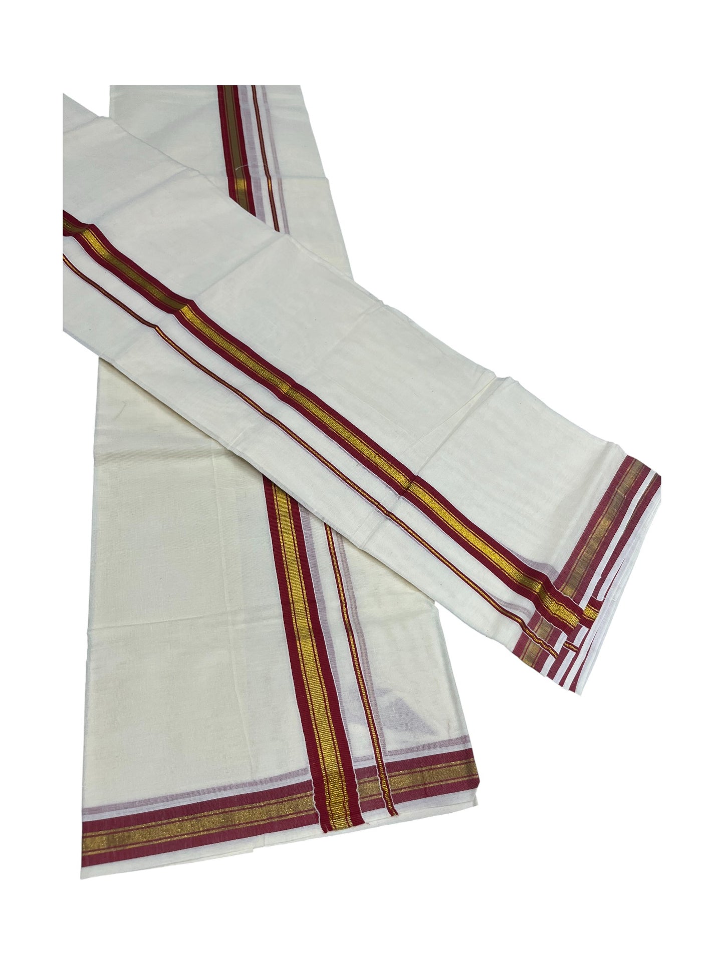 Pure Cotton Kerala Single Set Mundu (Mundum Neriyathum) with Red Kasavu Border in 2.80 Mtrs