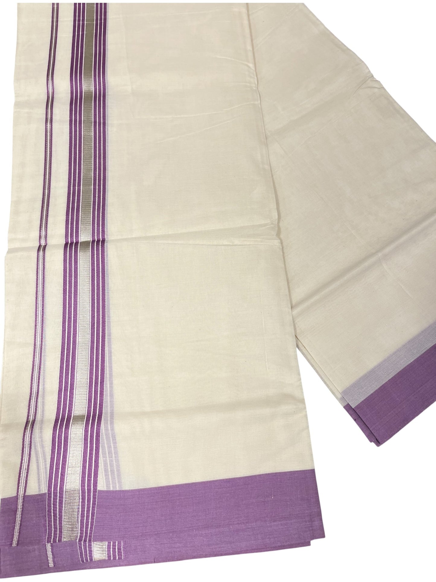 Southloom Kerala Pure Cotton Double Mundu with Lavender And Silver Lines Border (South Indian Dhoti)