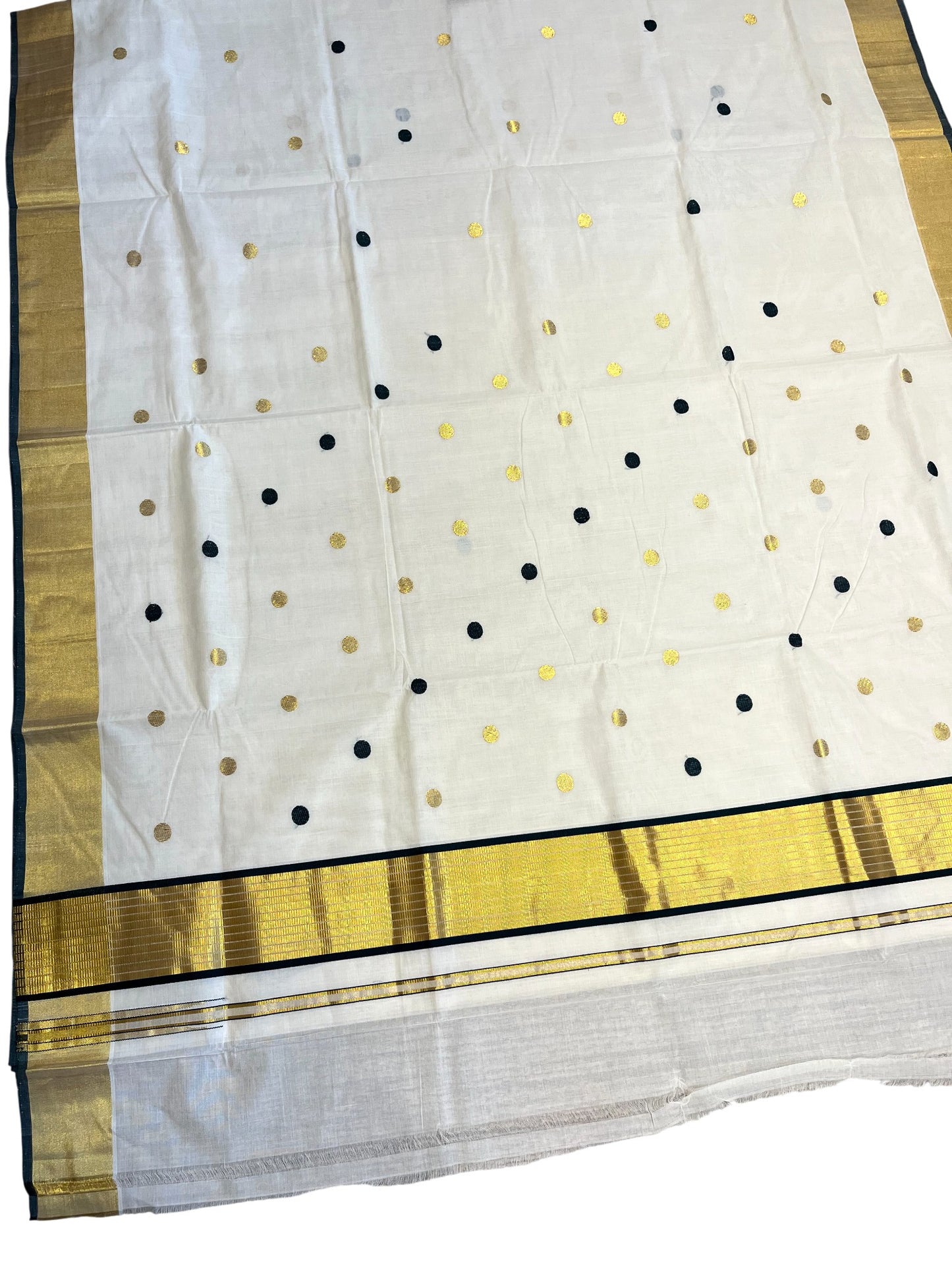 Southloom Super Premium Balaramapuram Unakkupaavu Handloom Cotton Saree with Gold and Green Polka Works on Body