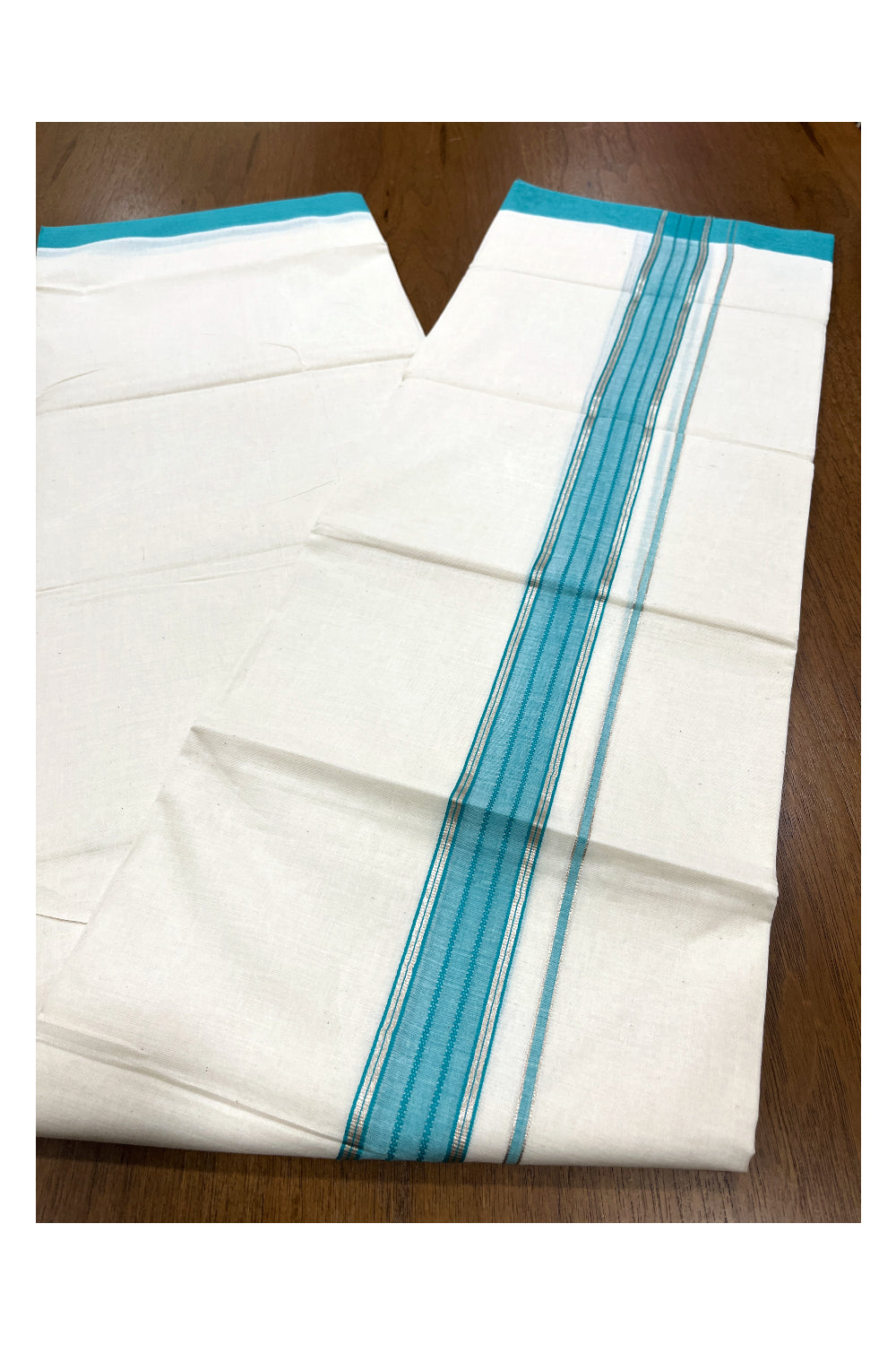 Pure Cotton Double Mundu with Silver Kasavu and Turquoise Border (South Indian Dhoti)