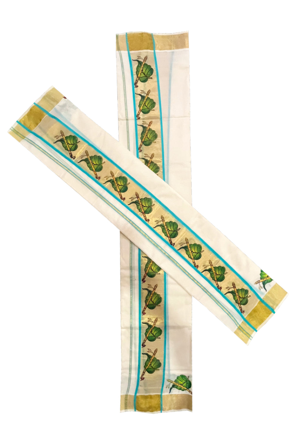 Kerala Cotton Single Set Mundu (Mundum Neriyathum) with Leaf and Flute Block Prints on Kasavu Turquoise Border