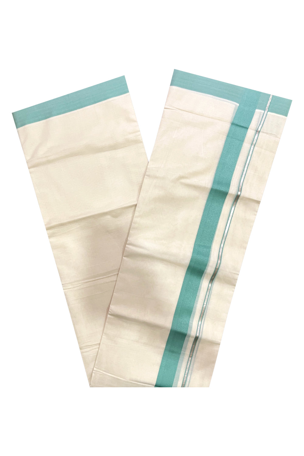 Pure Cotton Double Mundu with Silver Kasavu and Turquoise Border (South Indian Kerala Dhoti)