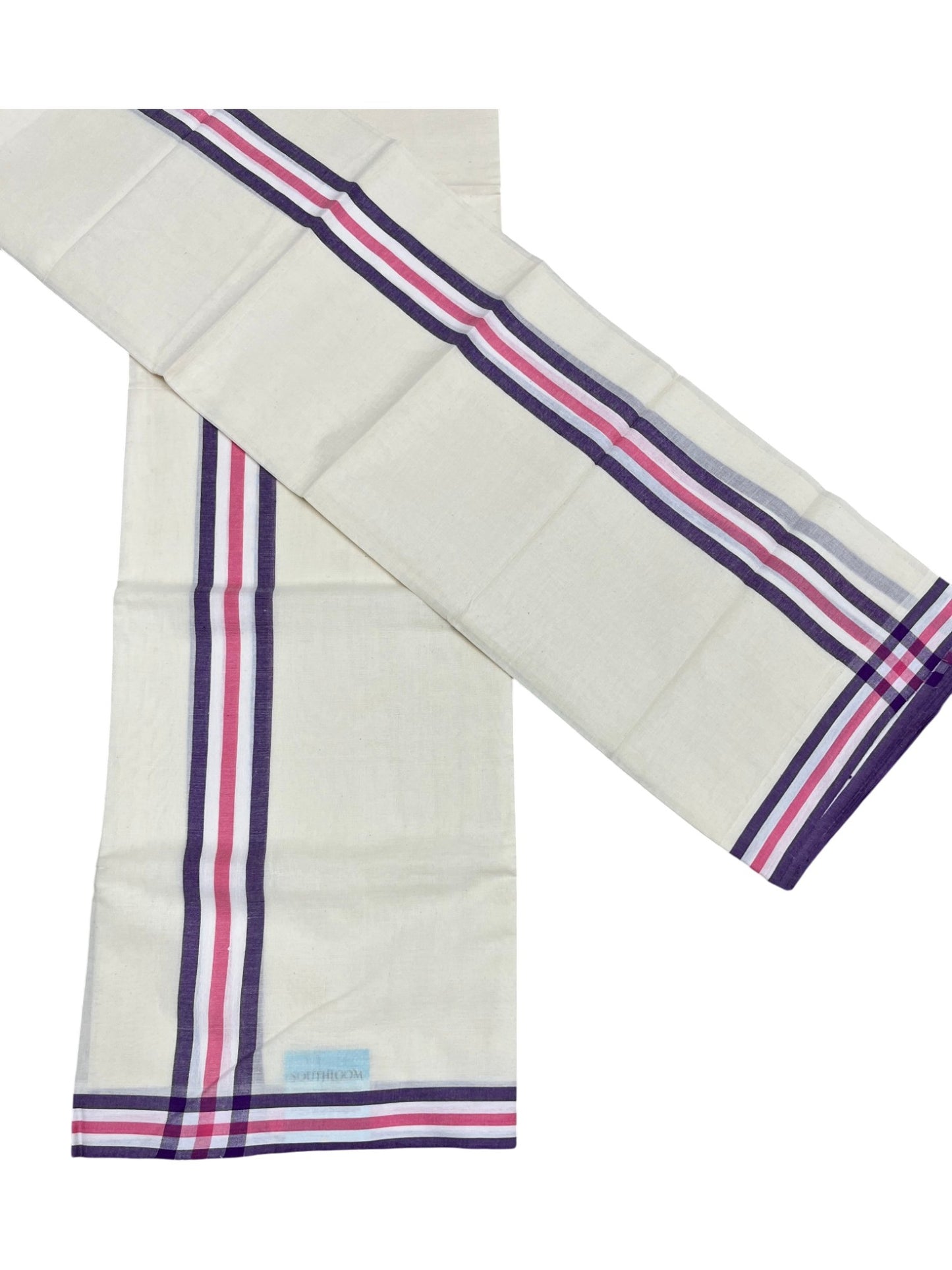 Southloom Pure Cotton Kerala Single Mulloth Set Mundu (Mundum Neriyathum) Violet And Pink Border in 2.80 mtrs SL243