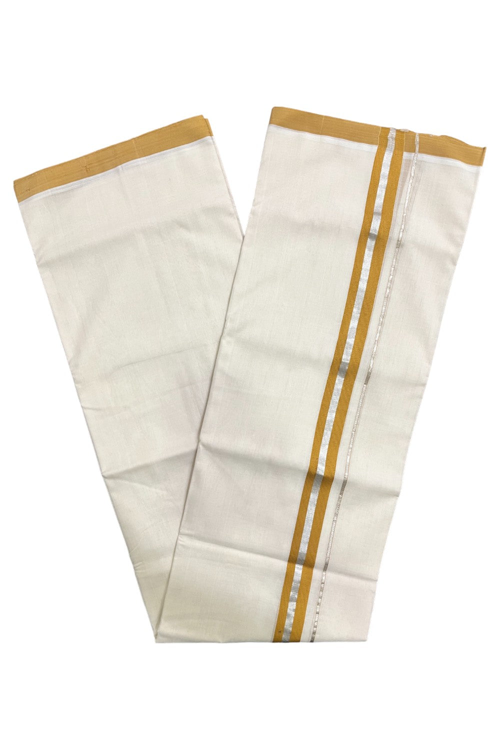 Premium Balaramapuram Handloom Unakkupaavu Cotton Double Mundu with Silver Kasavu and Yellow Border (Vishu 2024 Collection)