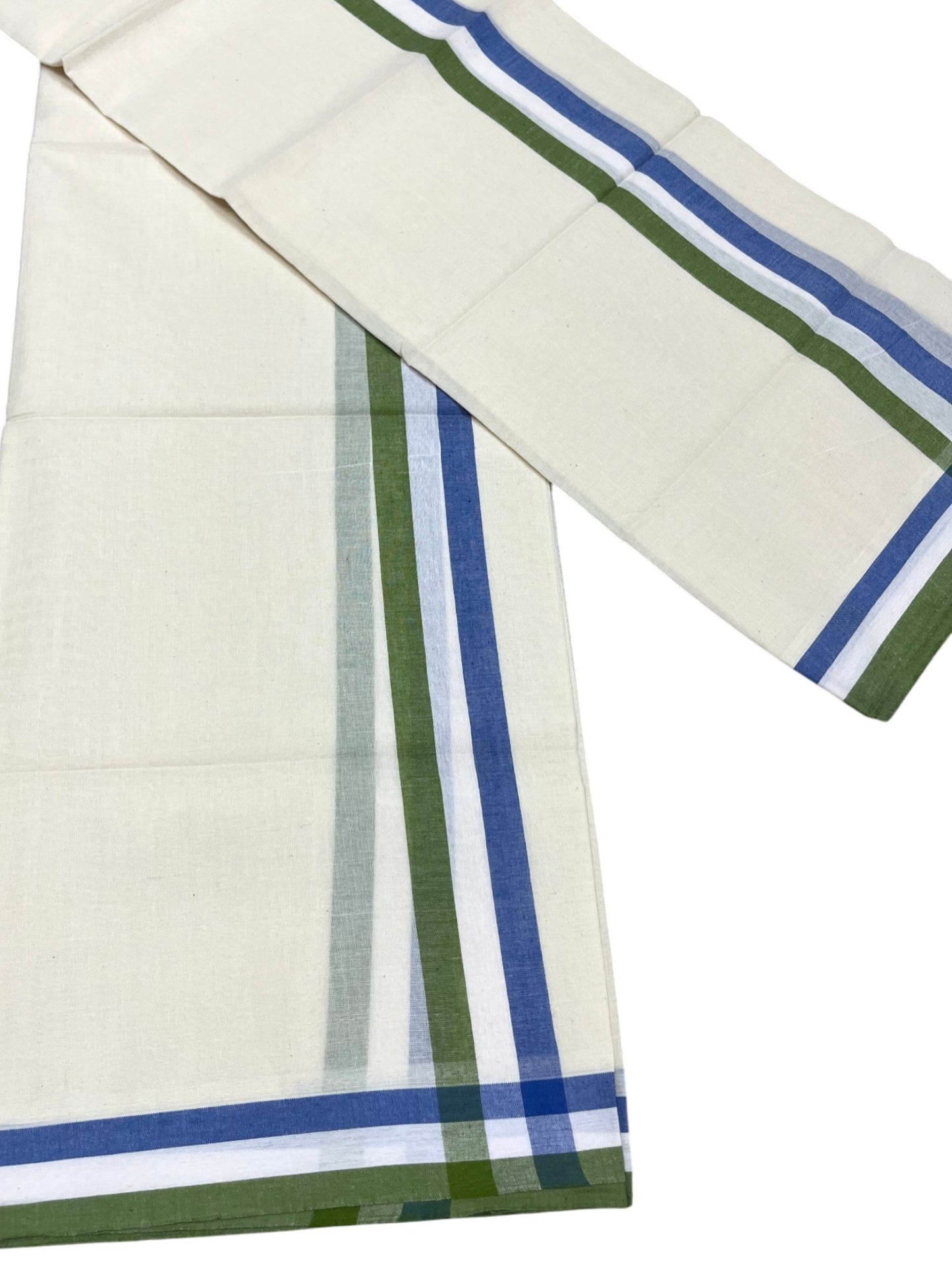 Southloom Pure Cotton Kerala Single Set Mundu (Mundum Neriyathum) Green & Blue Border