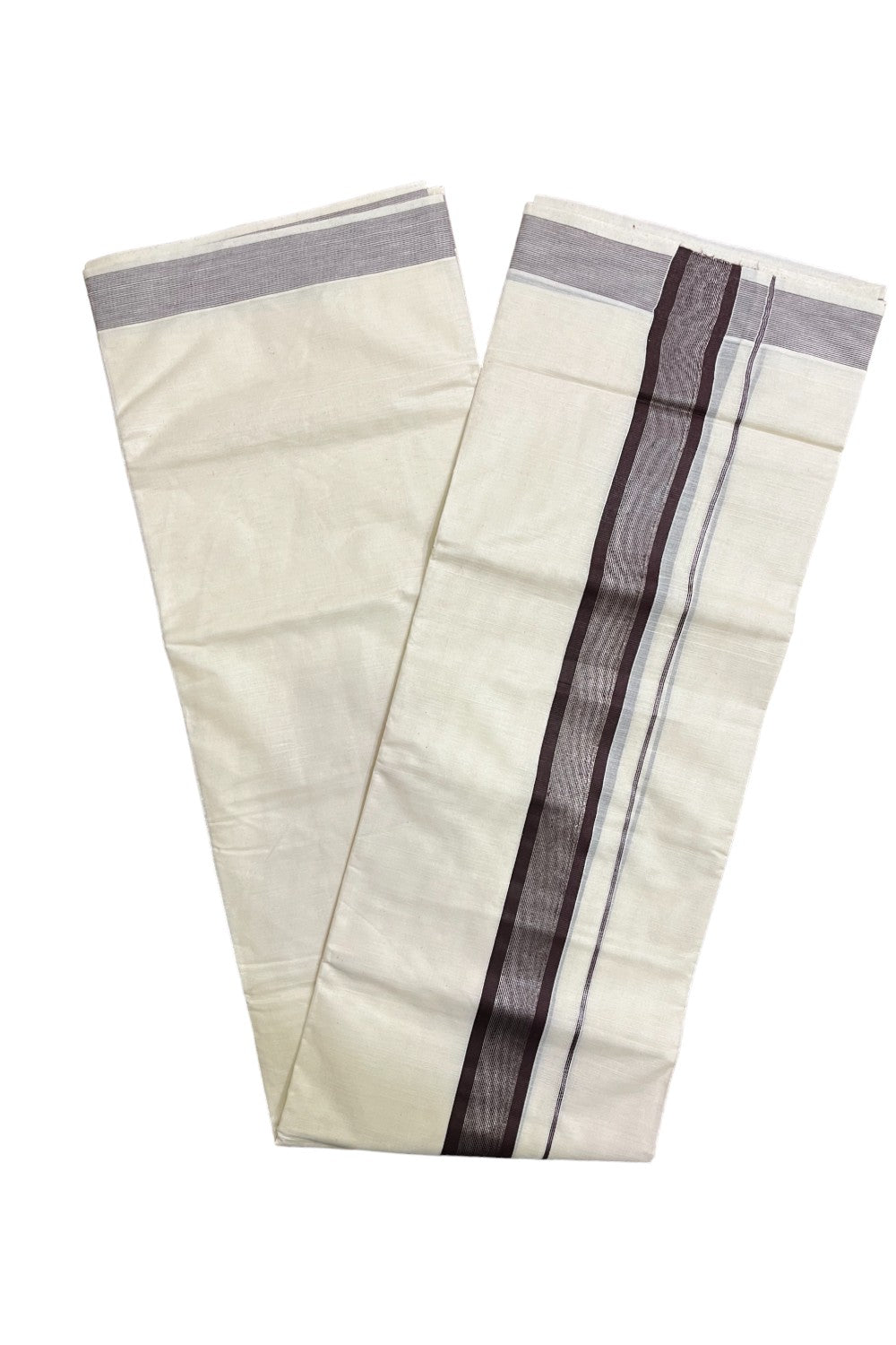 Kerala Pure Cotton Double Mundu with Brown and Silver Kasavu Border (South Indian Kerala Dhoti)