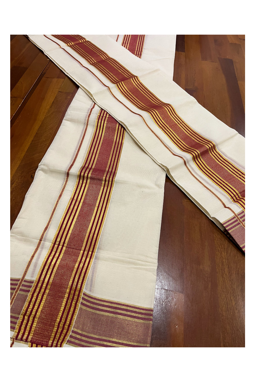 Pure Cotton Mundum Neriyathum Double (Set Mundu) with Maroon and Kasavu Border 2.80 Mtrs