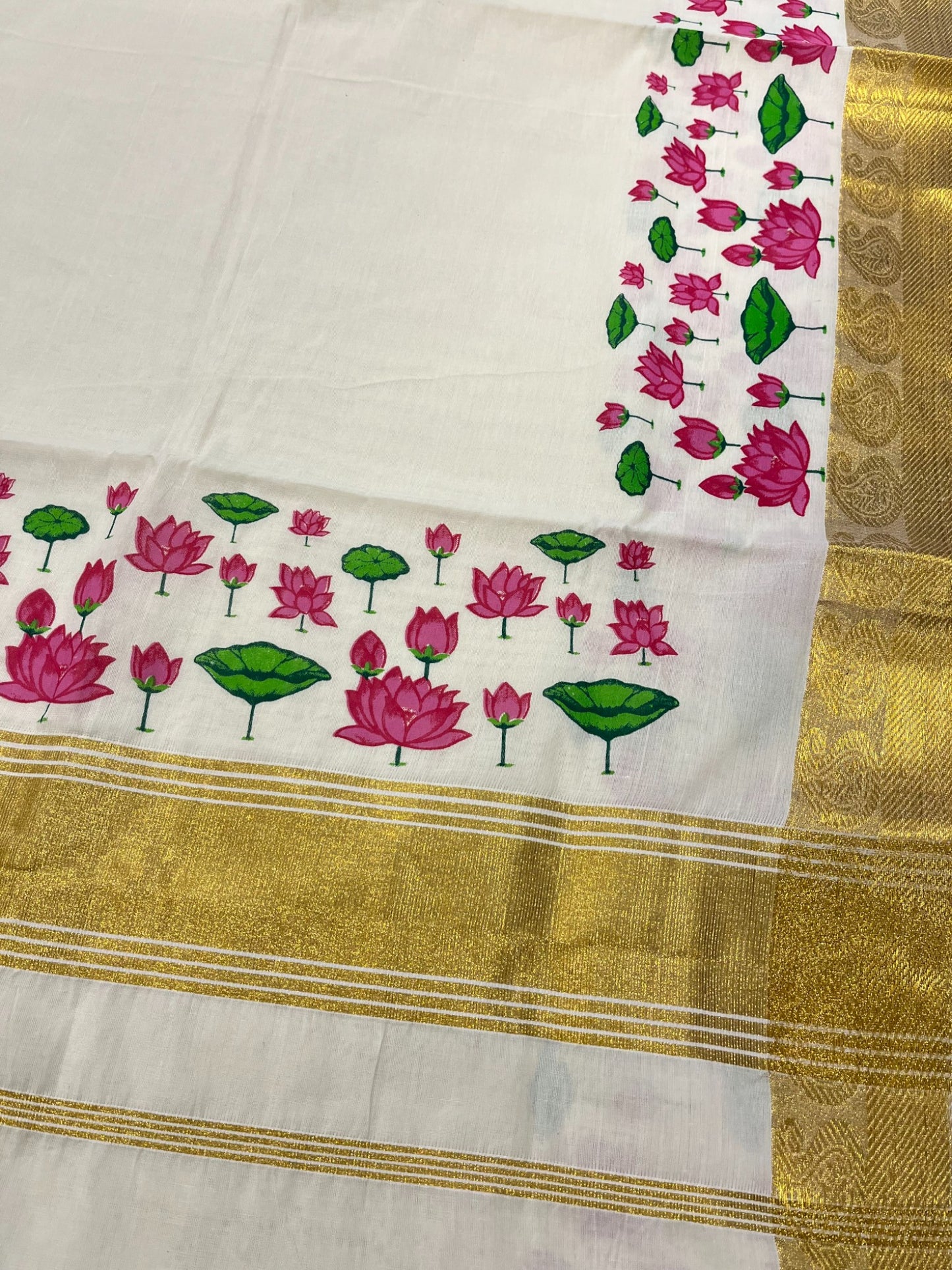 Southloom Cotton Kasavu Saree with Lotus Hanpainted Designs