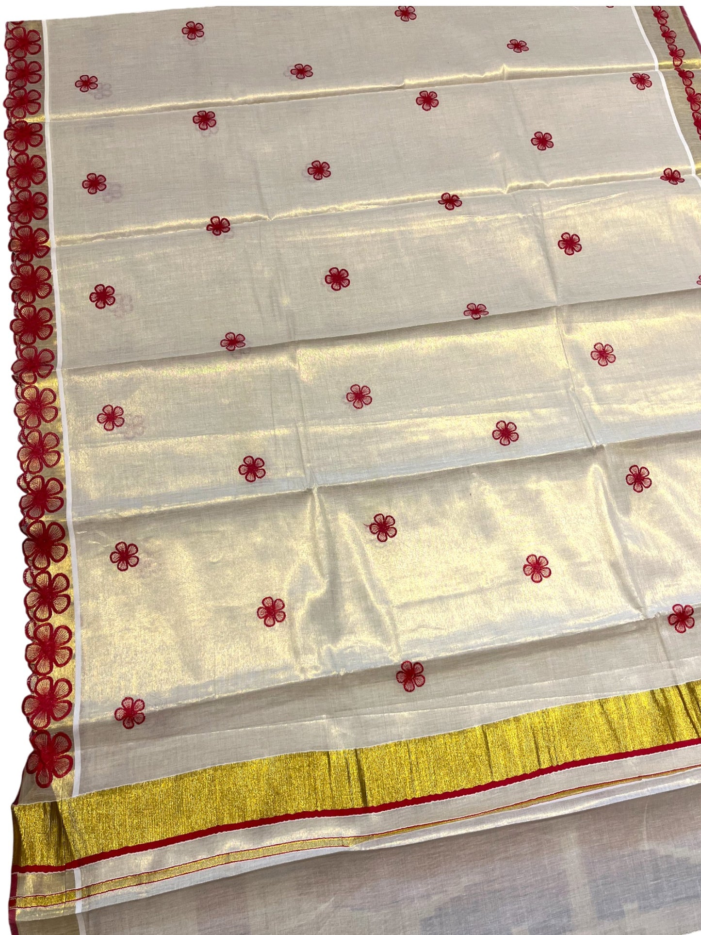 Southloom Kerala Tissue Kasavu Saree with Red Floral Embroidery on Body and Border