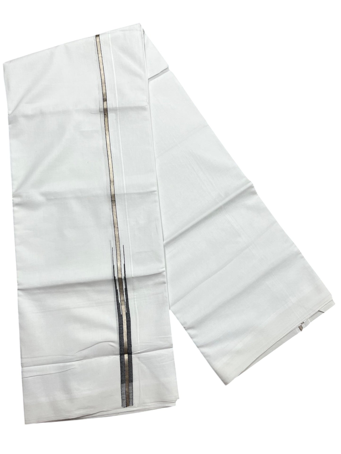 Southloom Pure White Cotton Double Mundu with Silver and Black Chutti Kara (South Indian Dhoti)