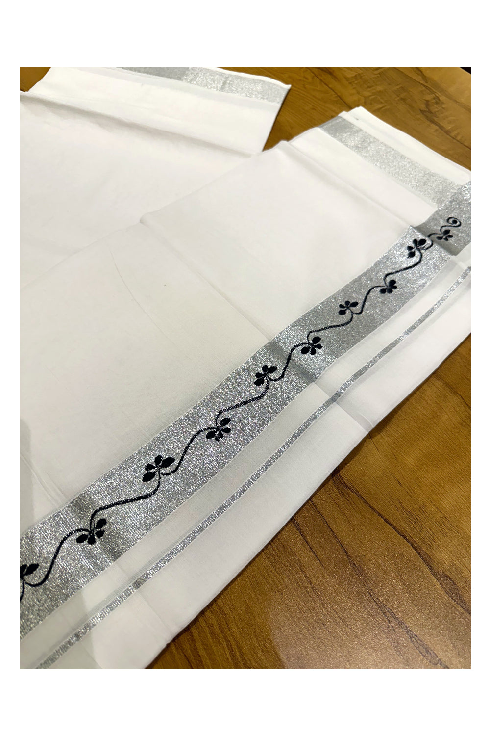 Pure White Cotton Double Mundu with Black Prints on Silver Kasavu Border (South Indian Kerala Dhoti)