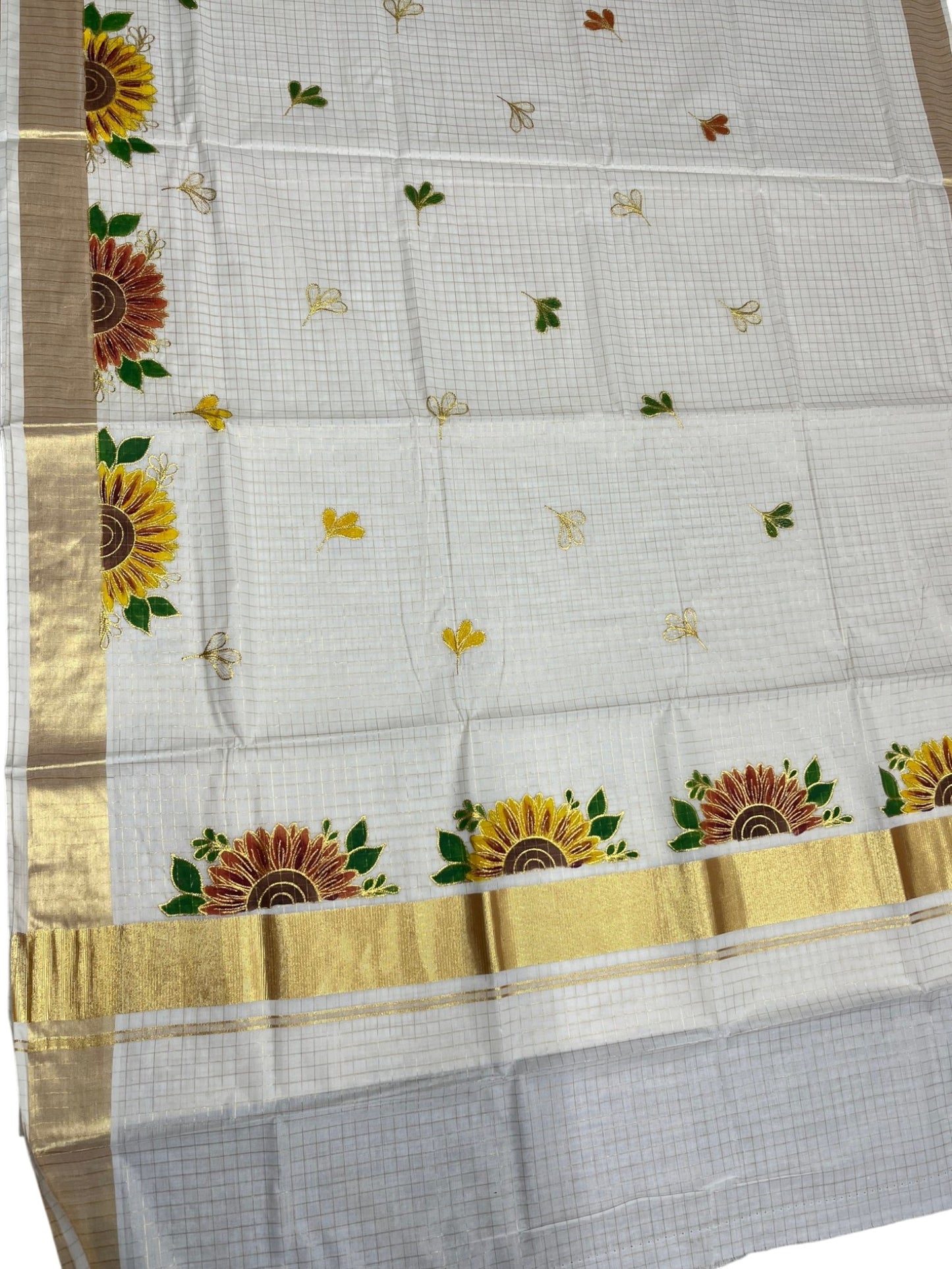 Southloom Cotton Kerala Kasavu Check Saree with Floral Handpainted and Embroidery Work on Body