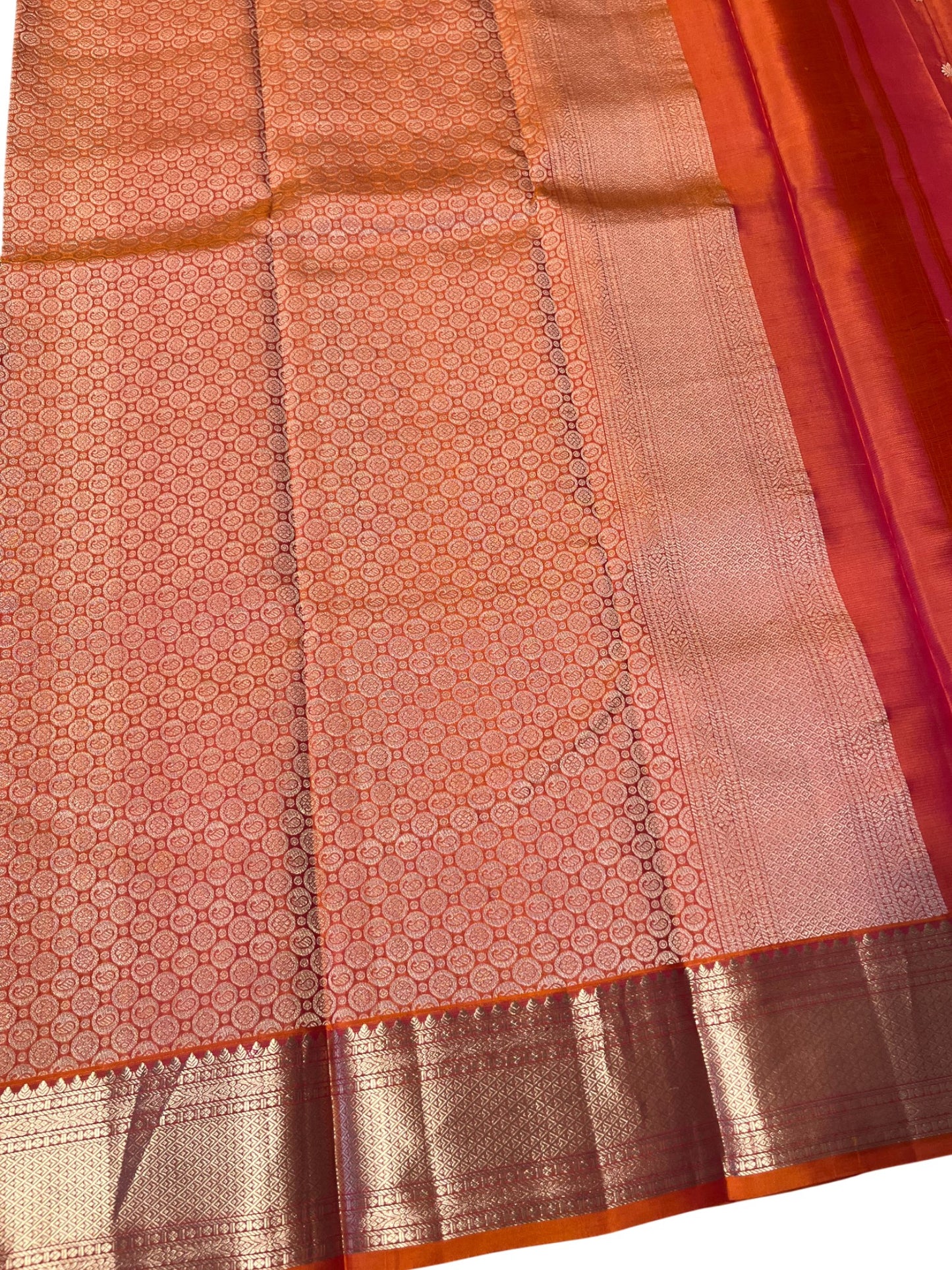 Southloom Pure Handloom Bridal Kanchipuram Silk Saree with Korvai Work (Orange)