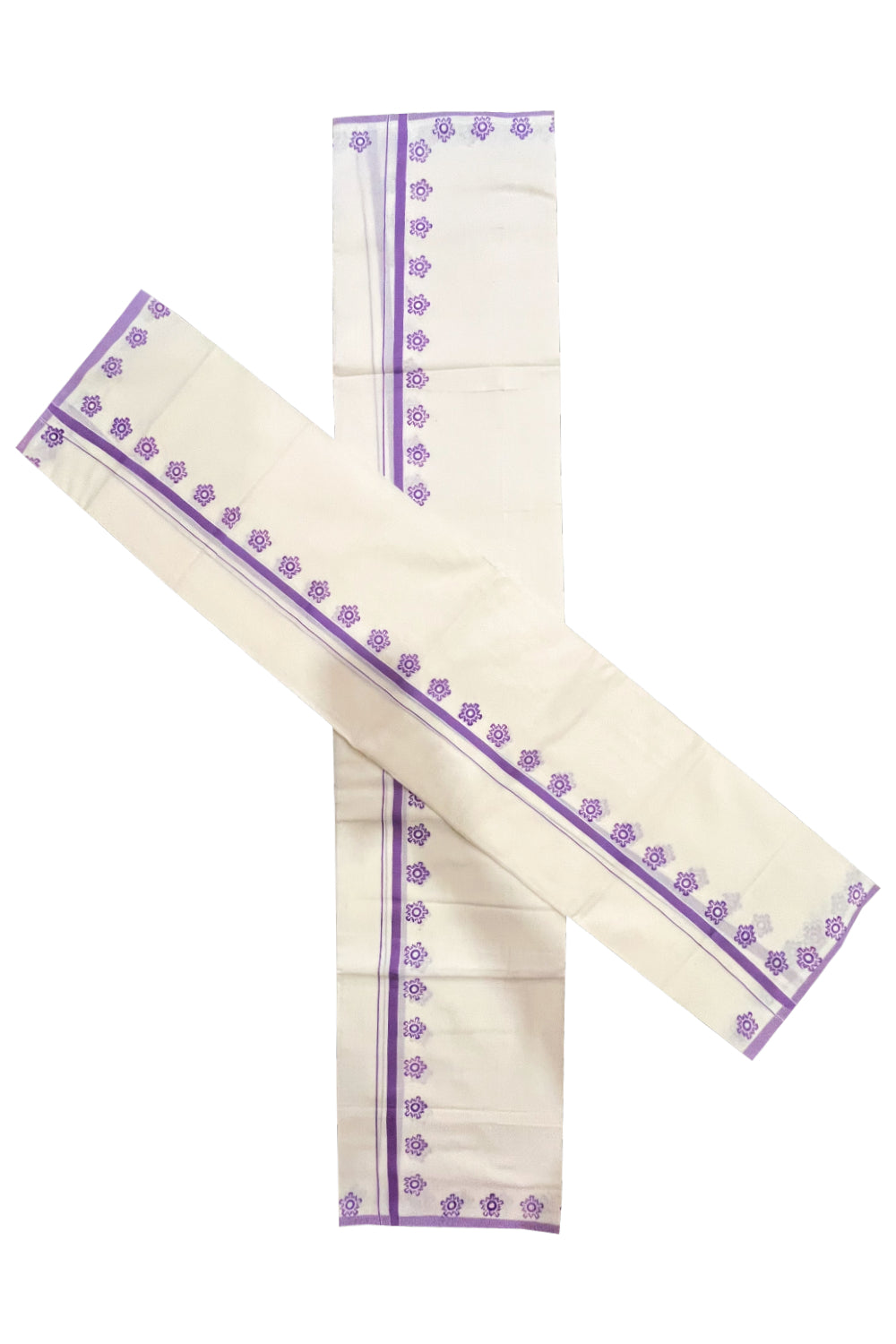 Kerala Pure Cotton Set Mundu Single (Mundum Neriyathum) with Violet Block Prints