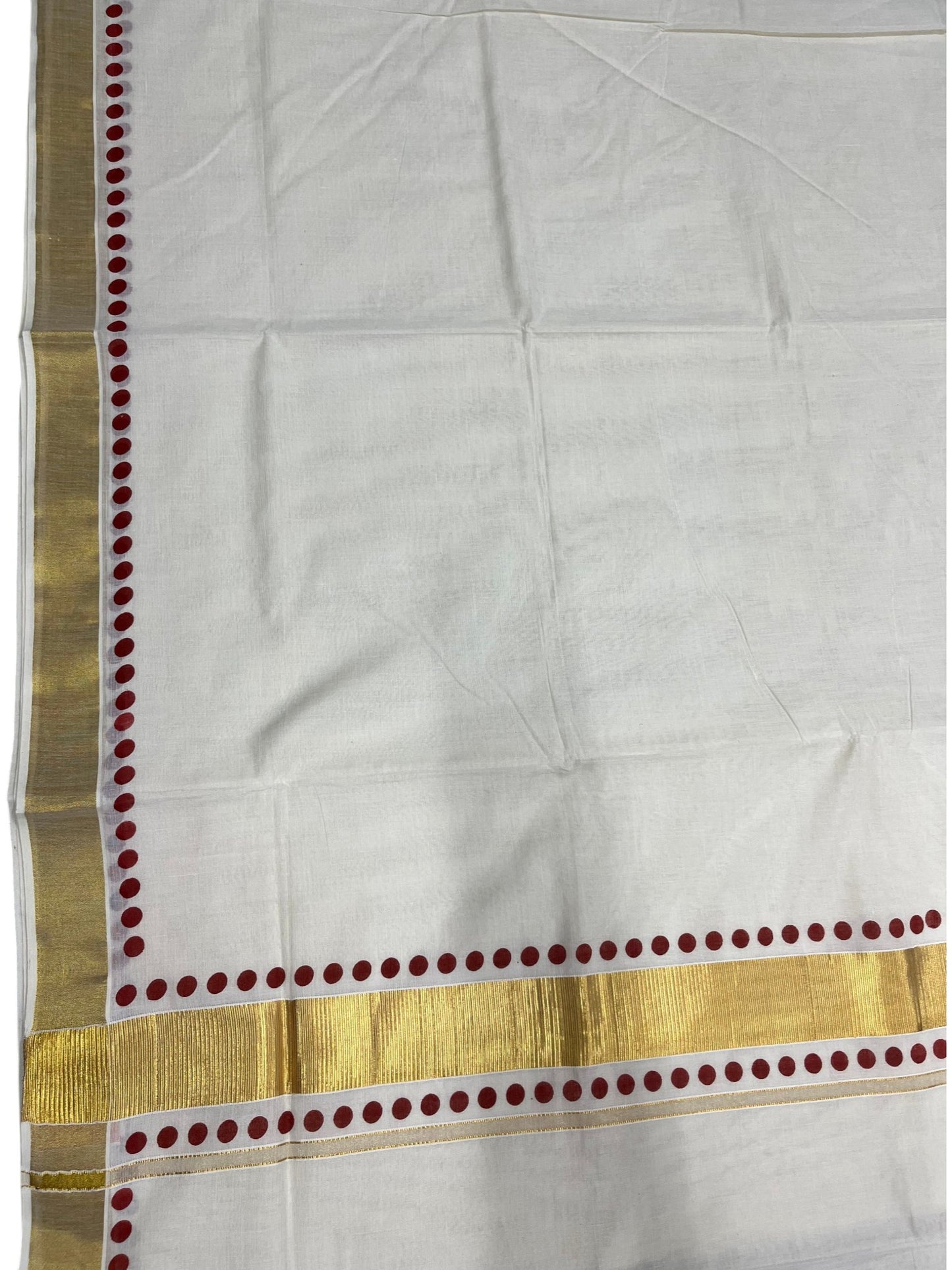 Southloom Cotton Kerala Kasavu Saree with Maroon Polk Dots Design Border
