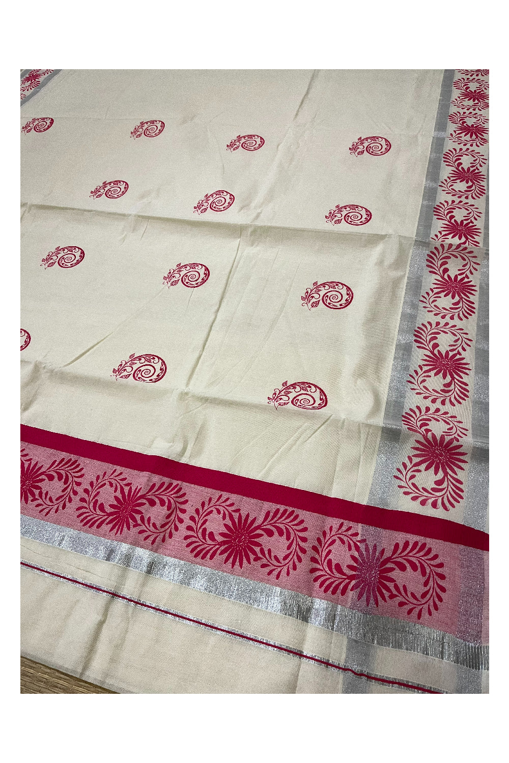 Pure Cotton Off White Kerala Saree with Pink Floral Block Printed Silver Border (Onam Saree 2023)