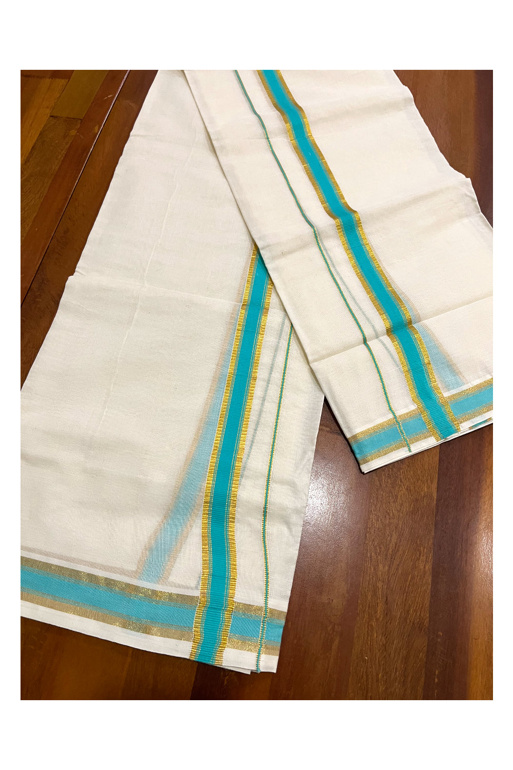 Kerala Cotton Mundum Neriyathum Single (Set Mundu) with Kasavu and Turquoise Border (Onam Set Mundu 2023)