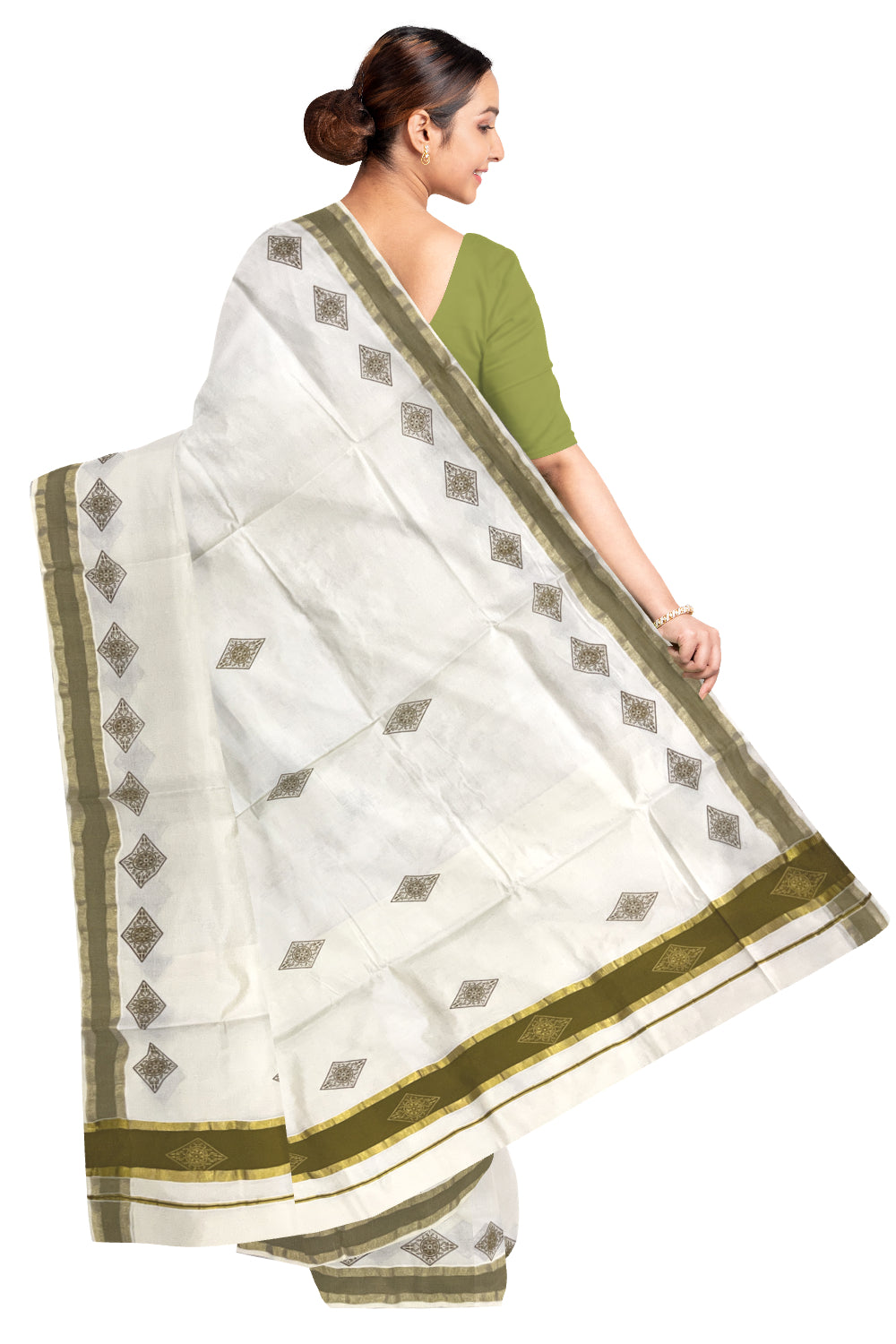 Pure Cotton Kerala Saree with Olive Green Block Prints and Kasavu Border