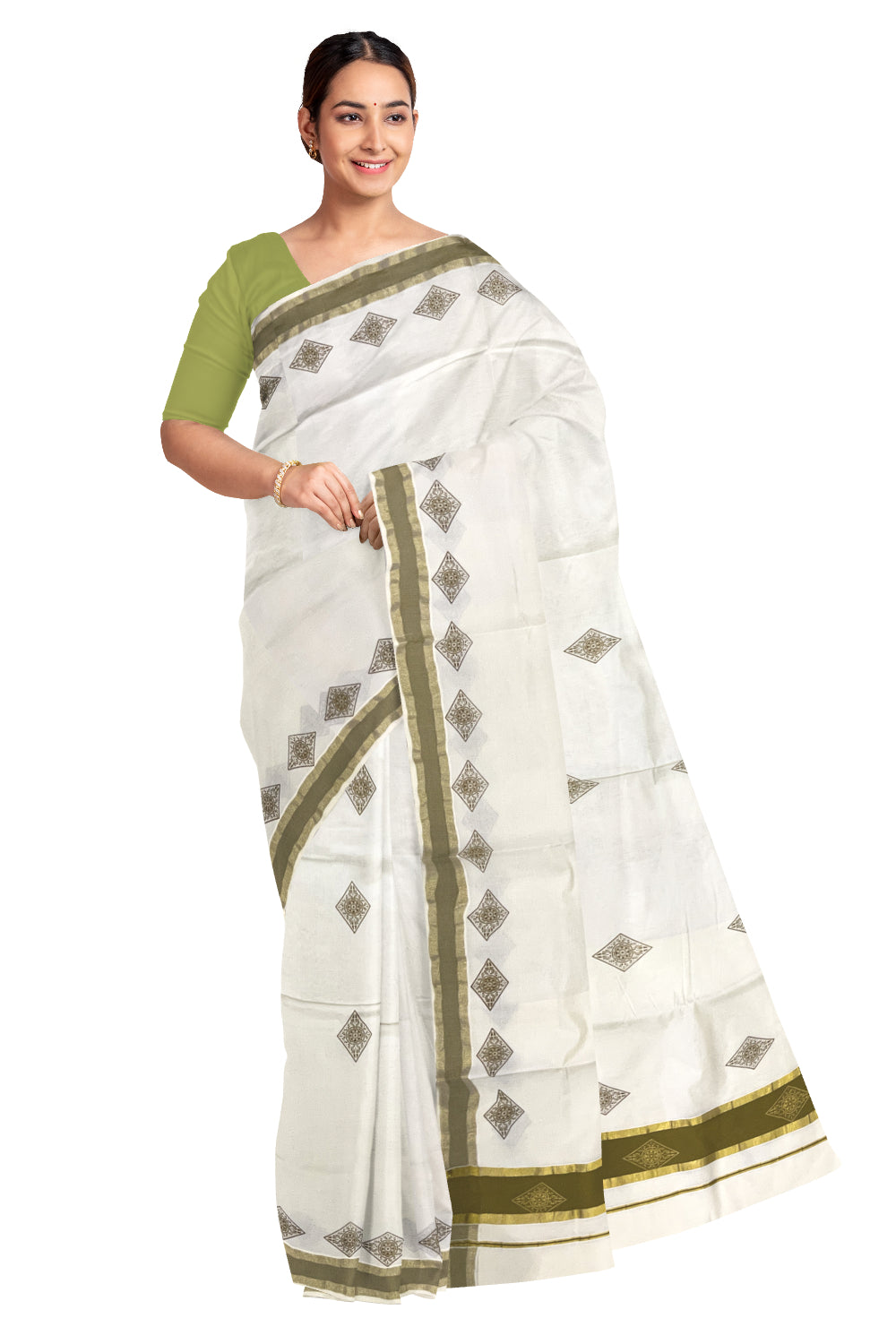 Pure Cotton Kerala Saree with Olive Green Block Prints and Kasavu Border