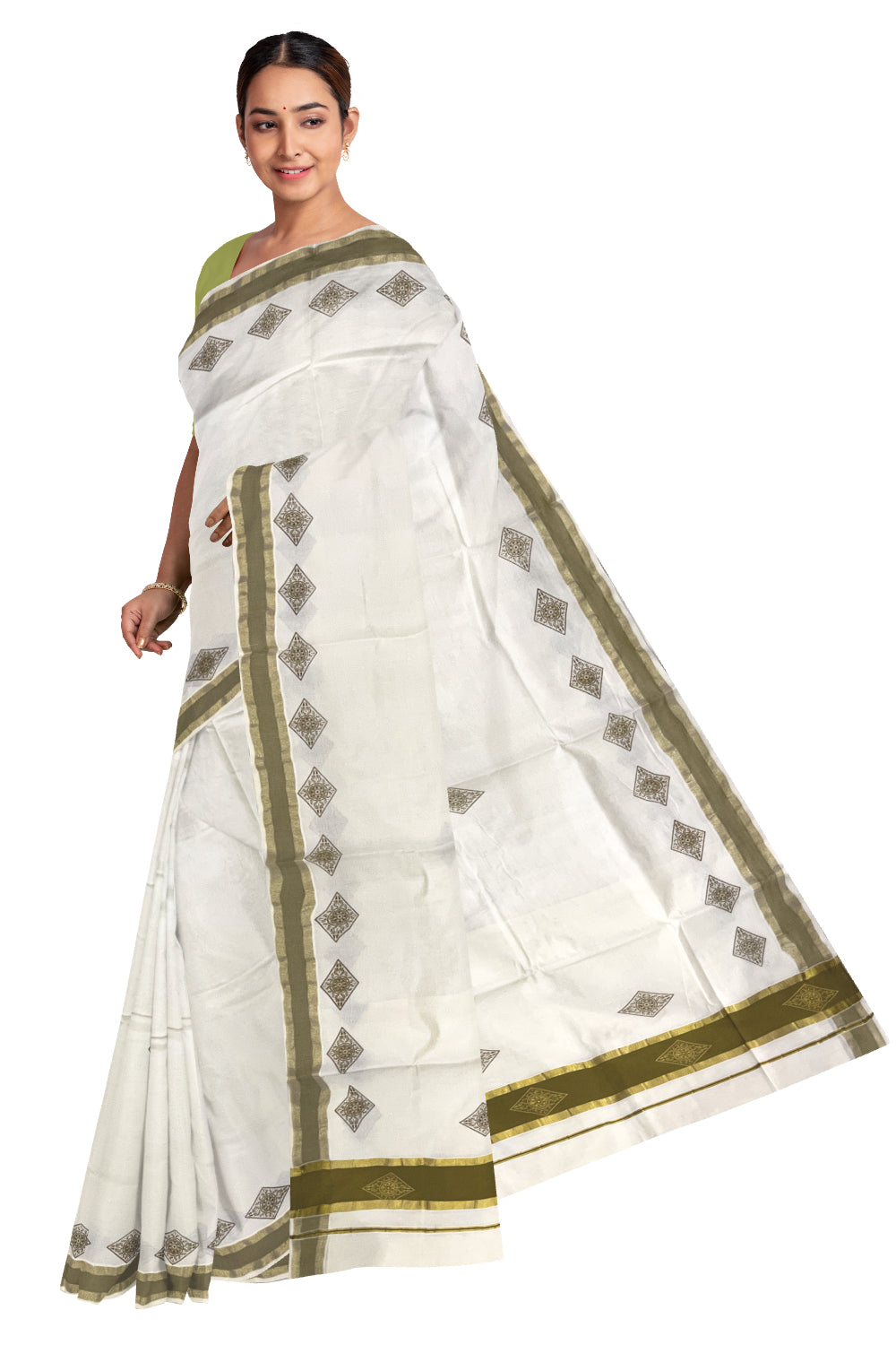 Pure Cotton Kerala Saree with Olive Green Block Prints and Kasavu Border