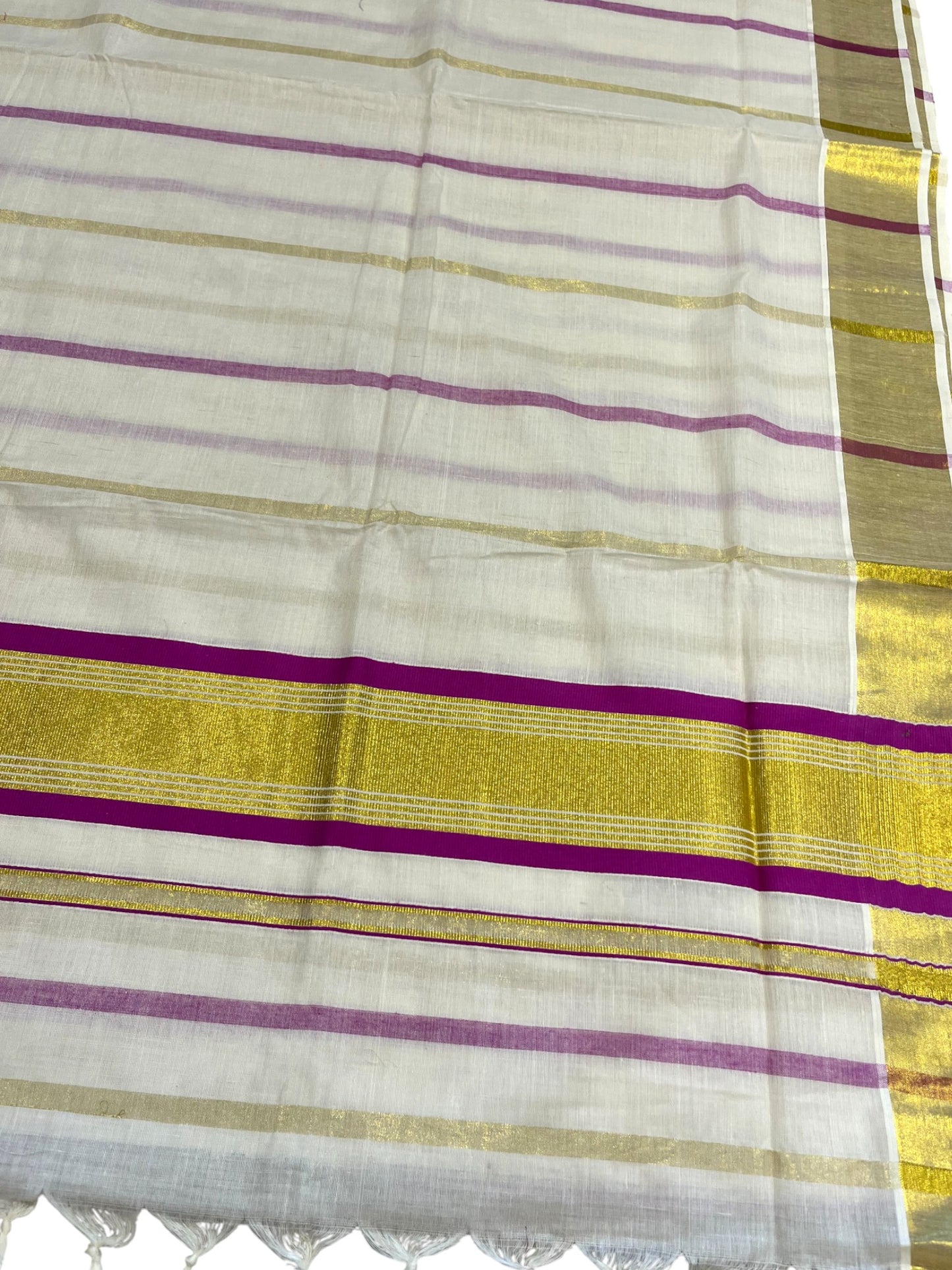 Southloom Kerala Cotton Kasavu Saree with Gold And Purple Lines on Body