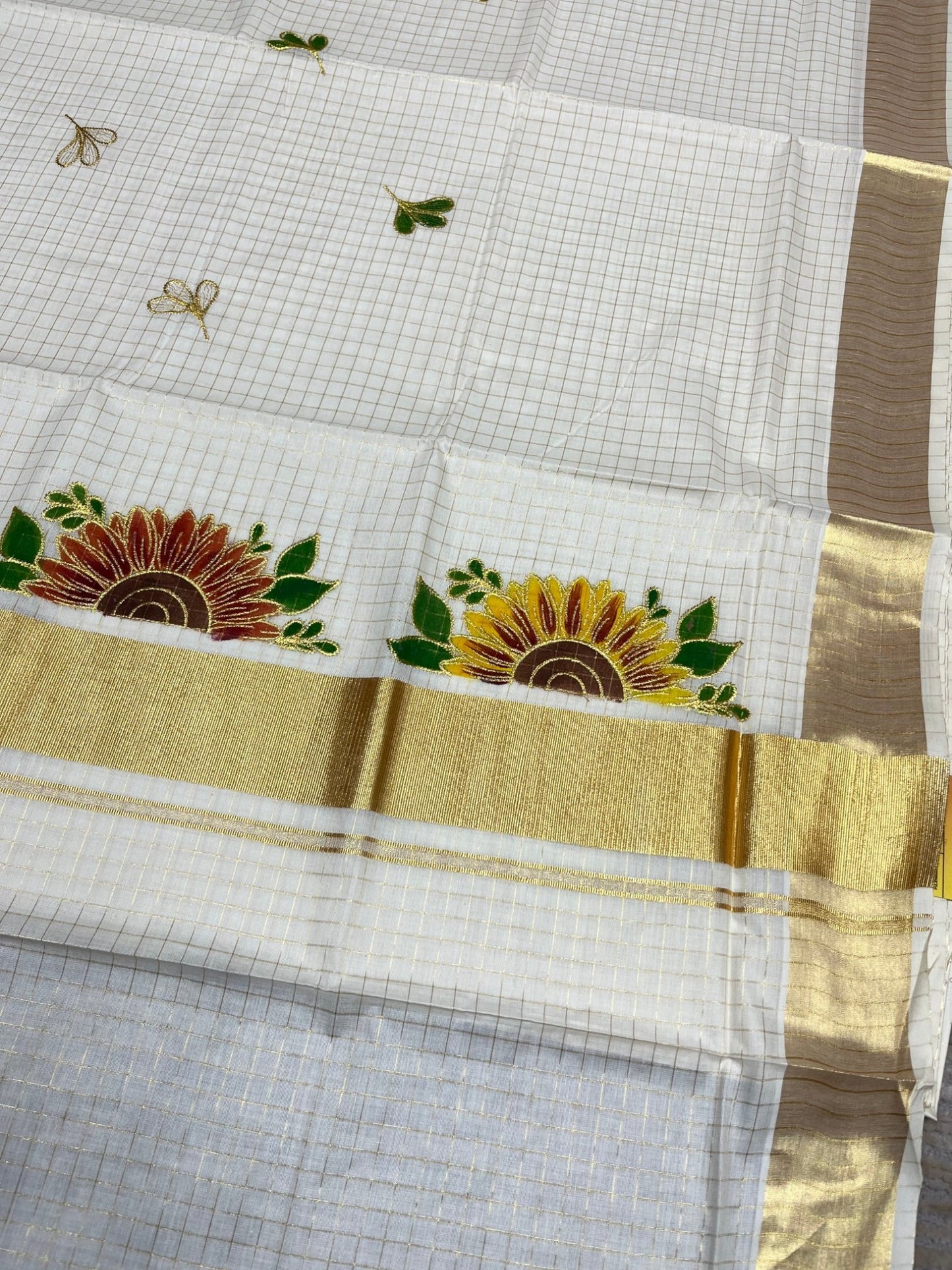Southloom Cotton Kerala Kasavu Check Saree with Floral Handpainted and Embroidery Work on Body