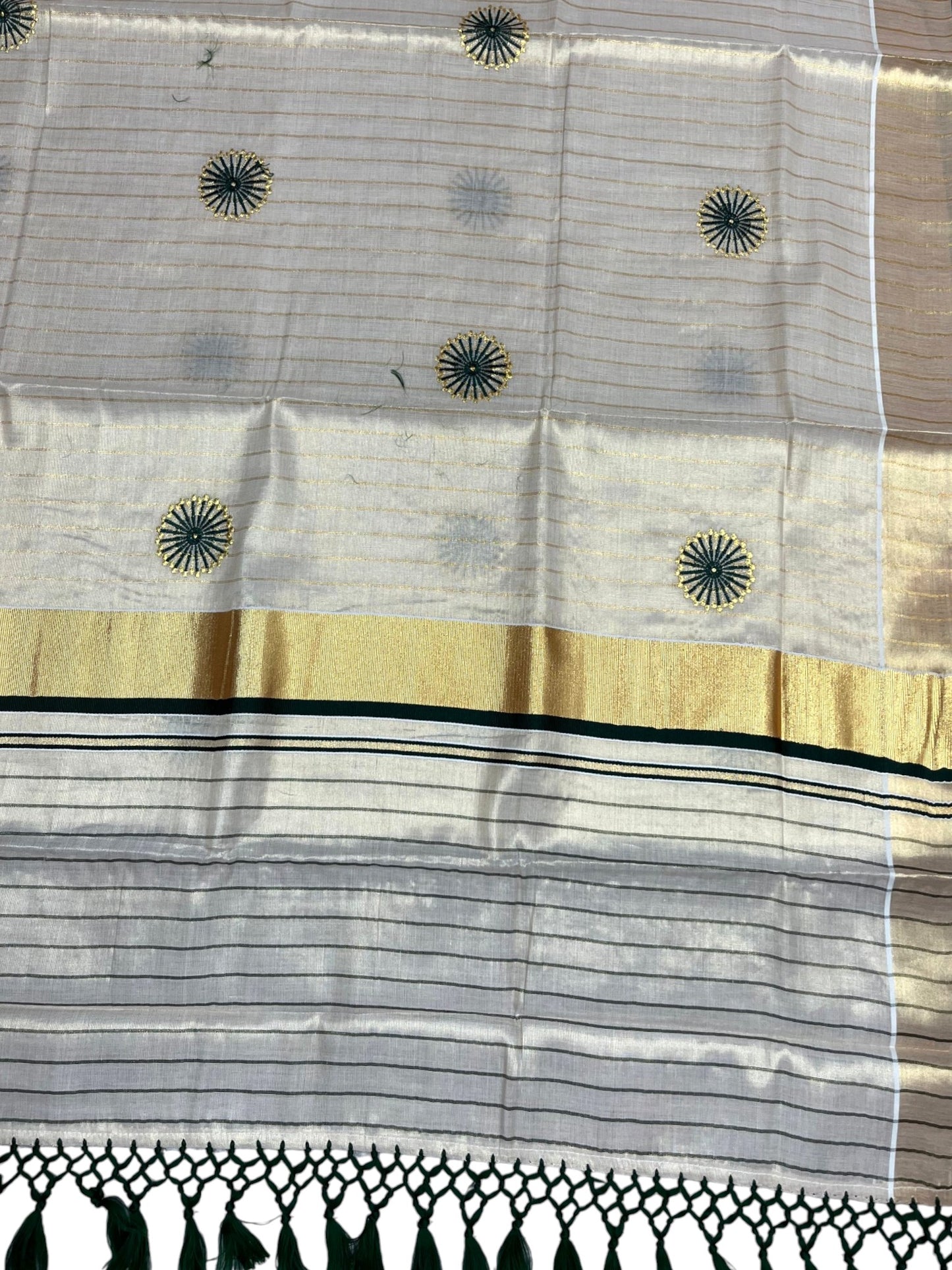 Southloom Kerala Tissue Kasavu Lines Saree with Embroidery Work on Body in Green